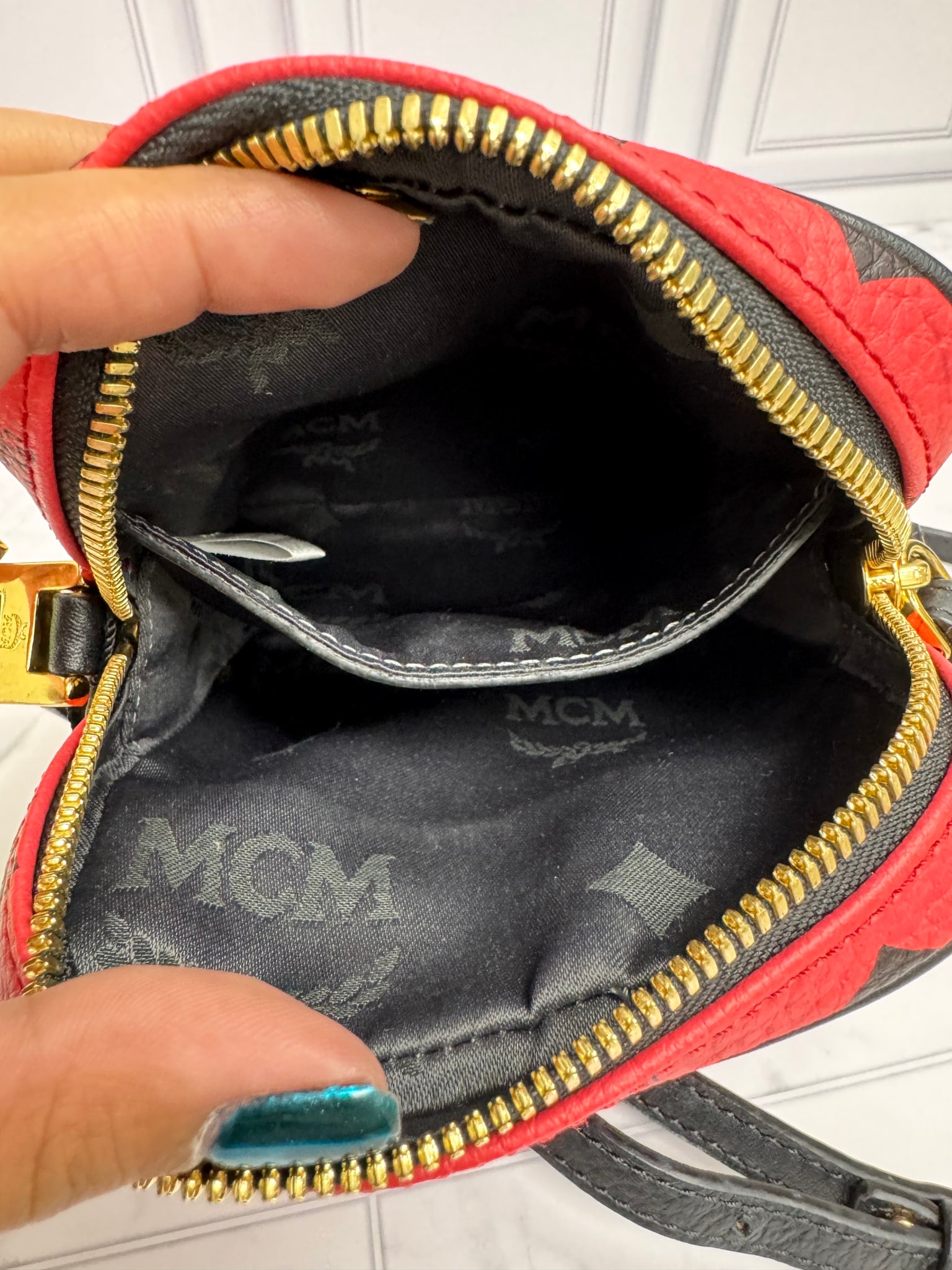MCM Coral Visetos Grained Leather Studded Crossbody Bag