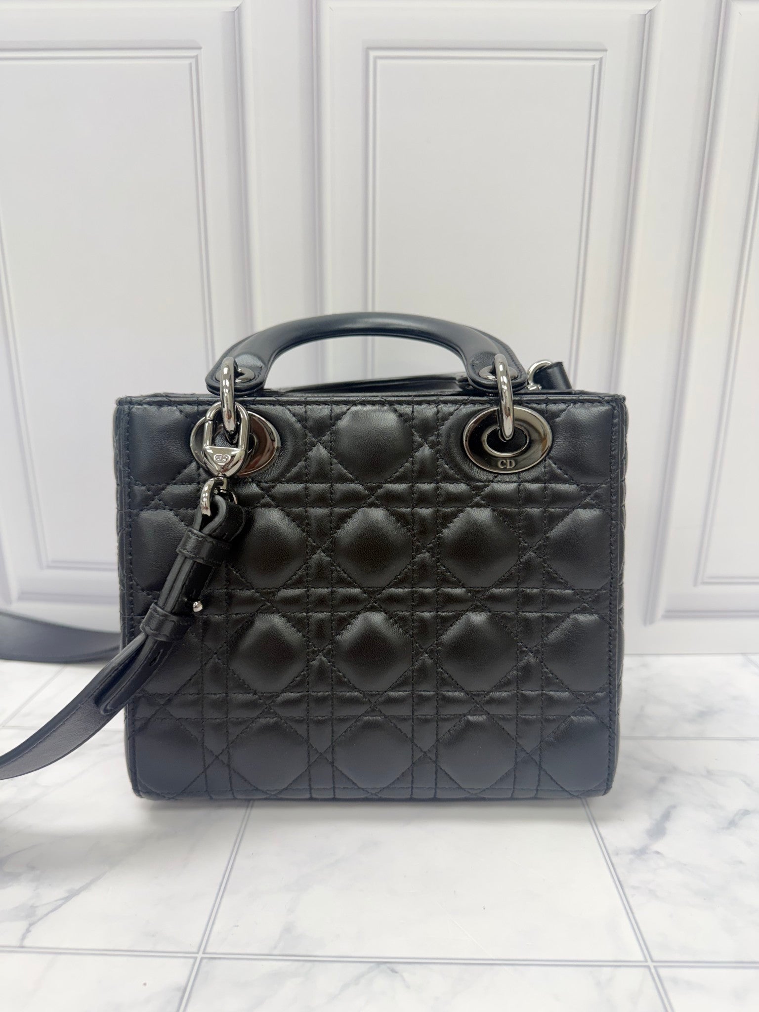 Christian Dior Black Lambskin Leather Small Lady Dior Handbag 