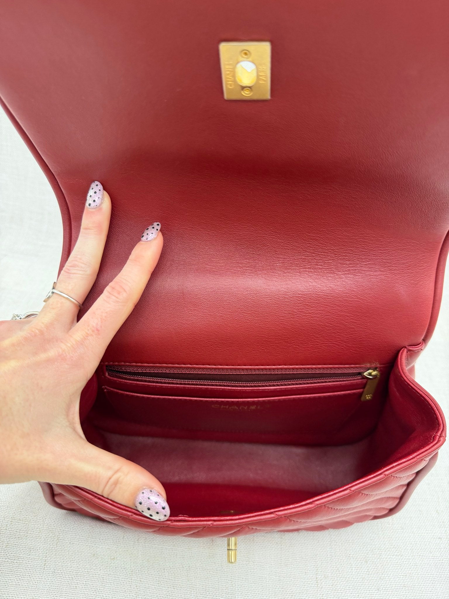 Chanel Red Chevron Lambskin Reversed Round Flap Bag