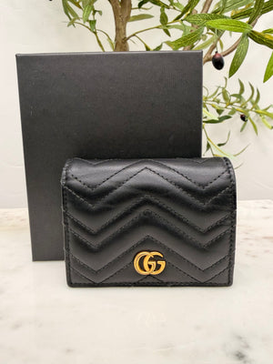 Gucci Black Chevron Leather GG Marmont Compact Wallet