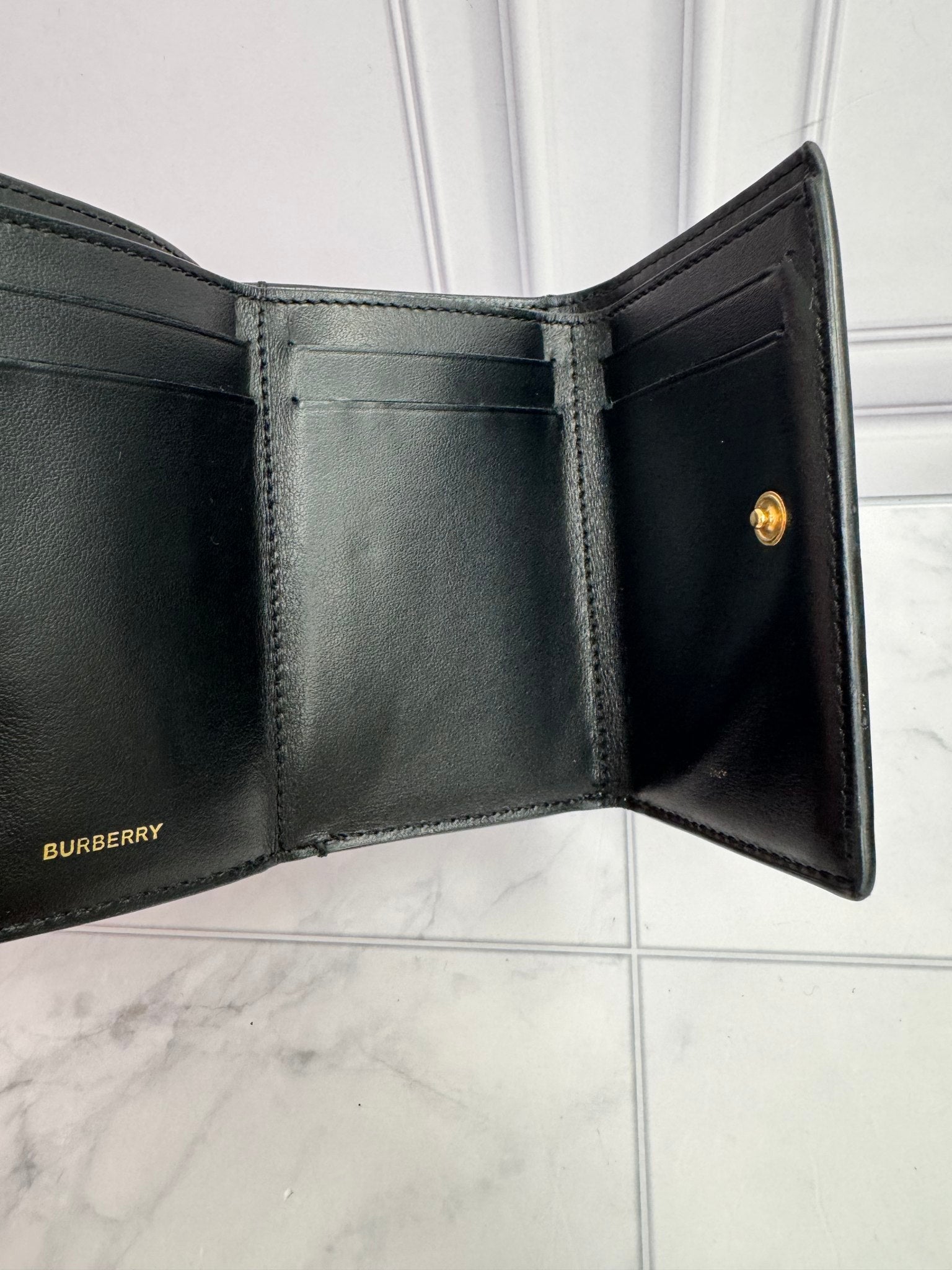 Burberry Black Leather TB Logo Trifold Wallet