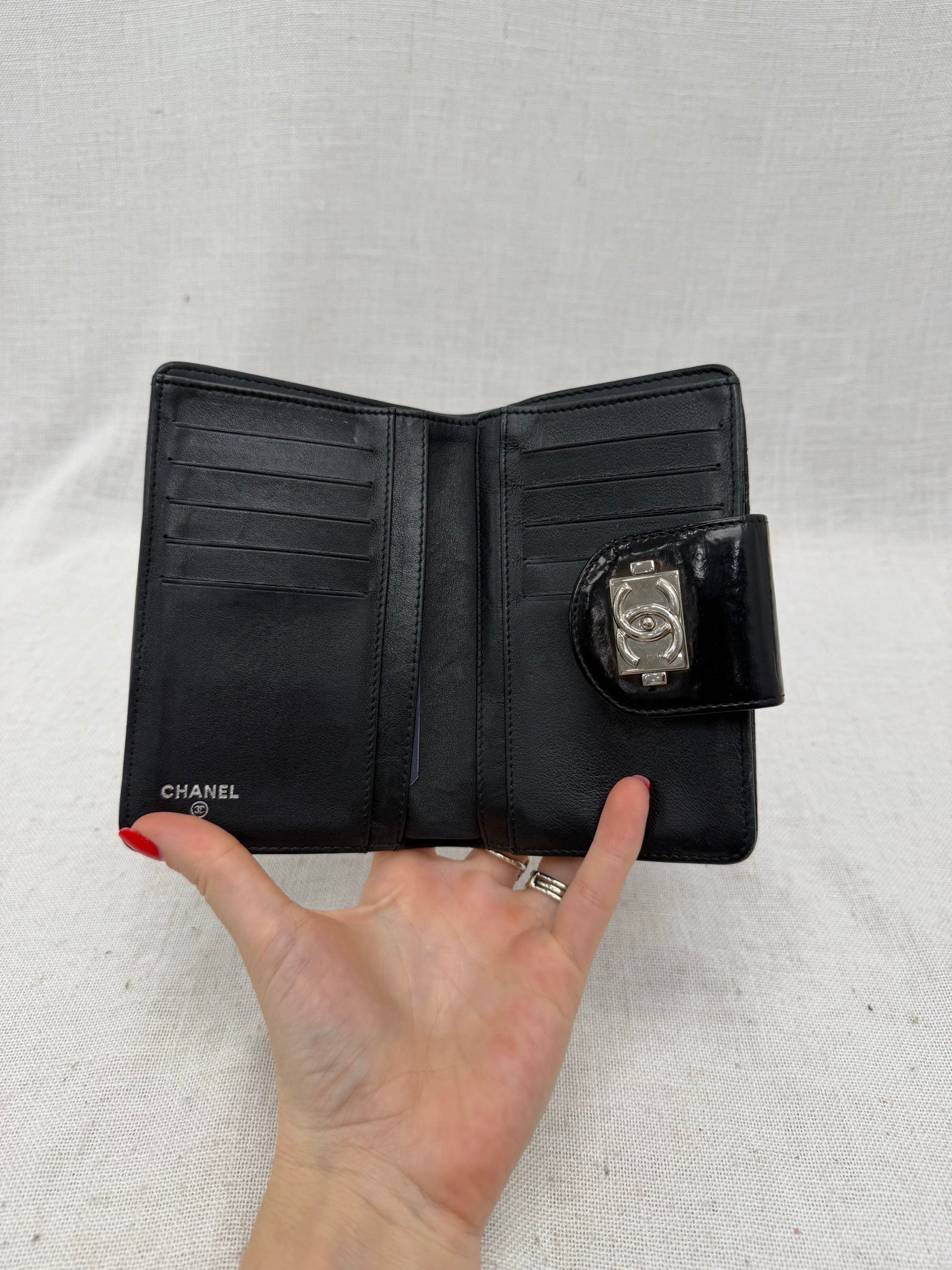 Chanel Black Patent Leather Boy Compact Wallet