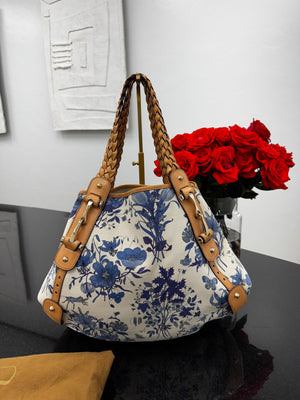 Gucci White & Blue Floral Print Canvas Pelham Large Tote Bag