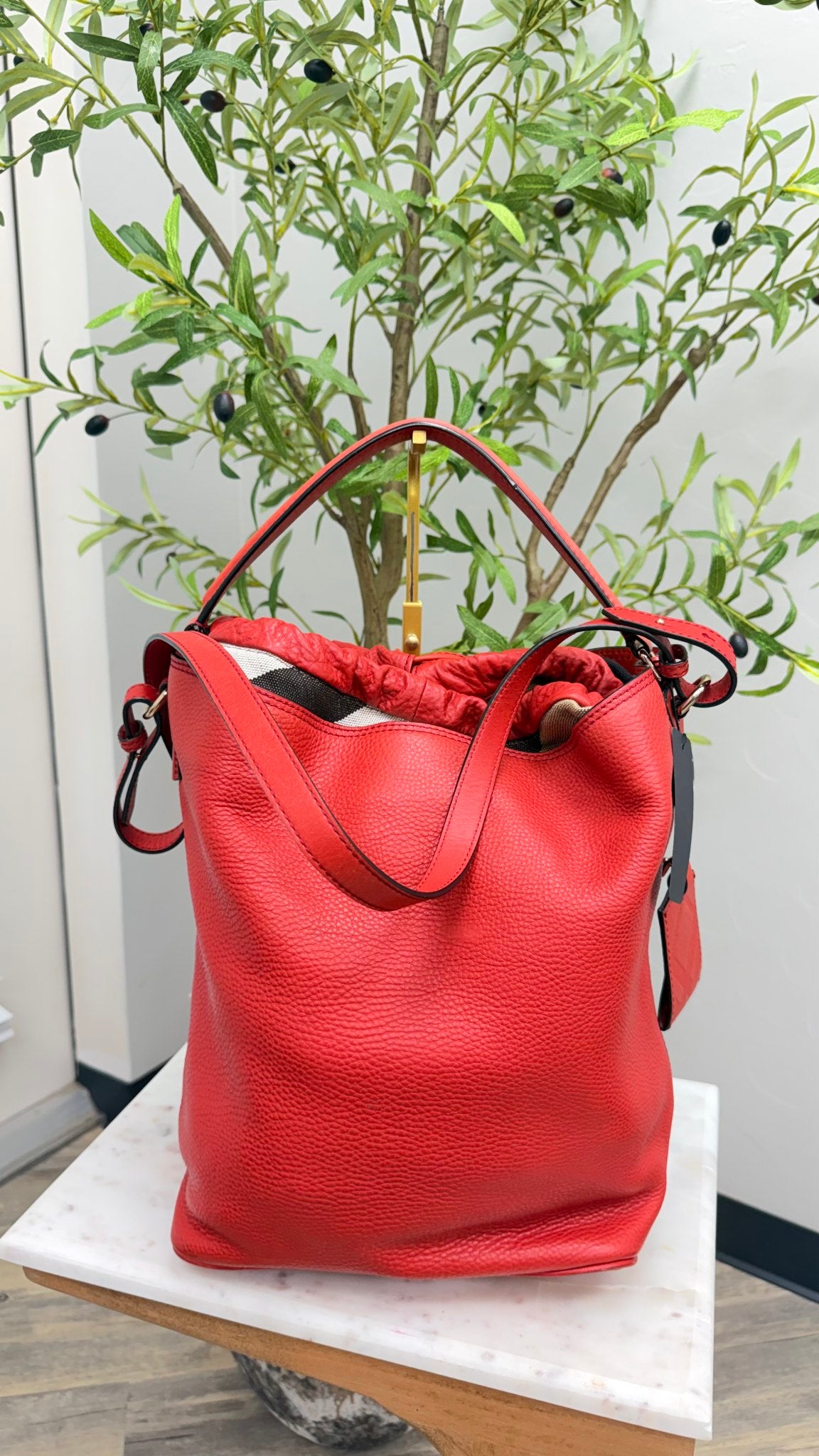 Burberry Red Grained Leather Bucket Bag