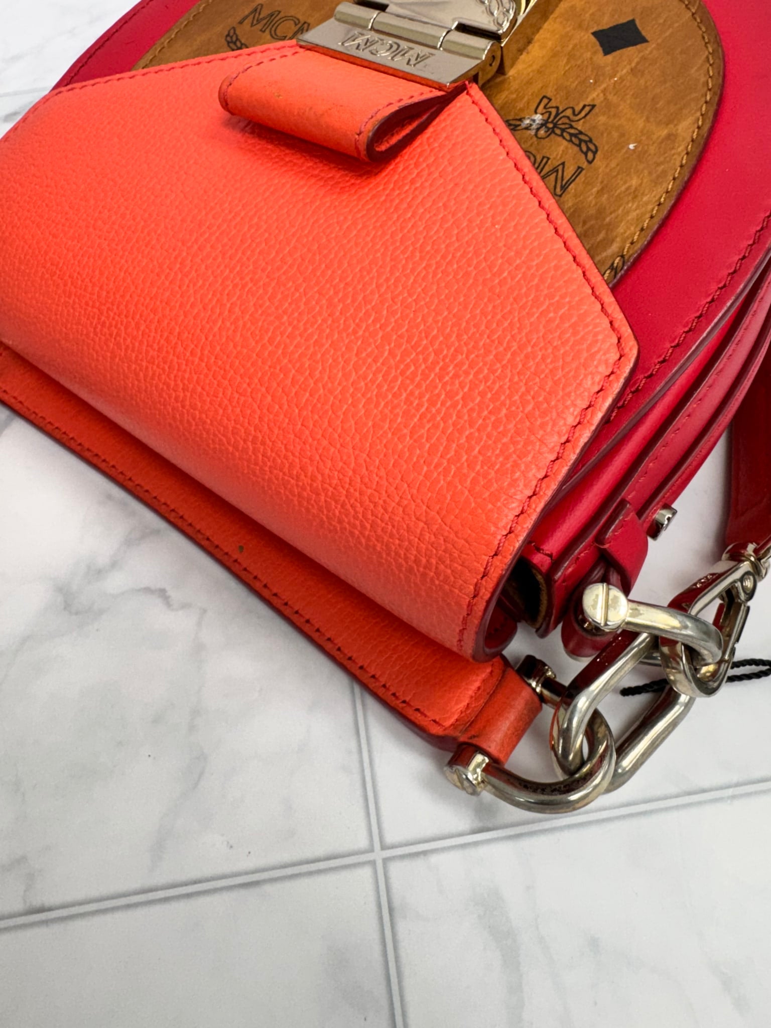 MCM Coral And Red Leather Crossbody Bag