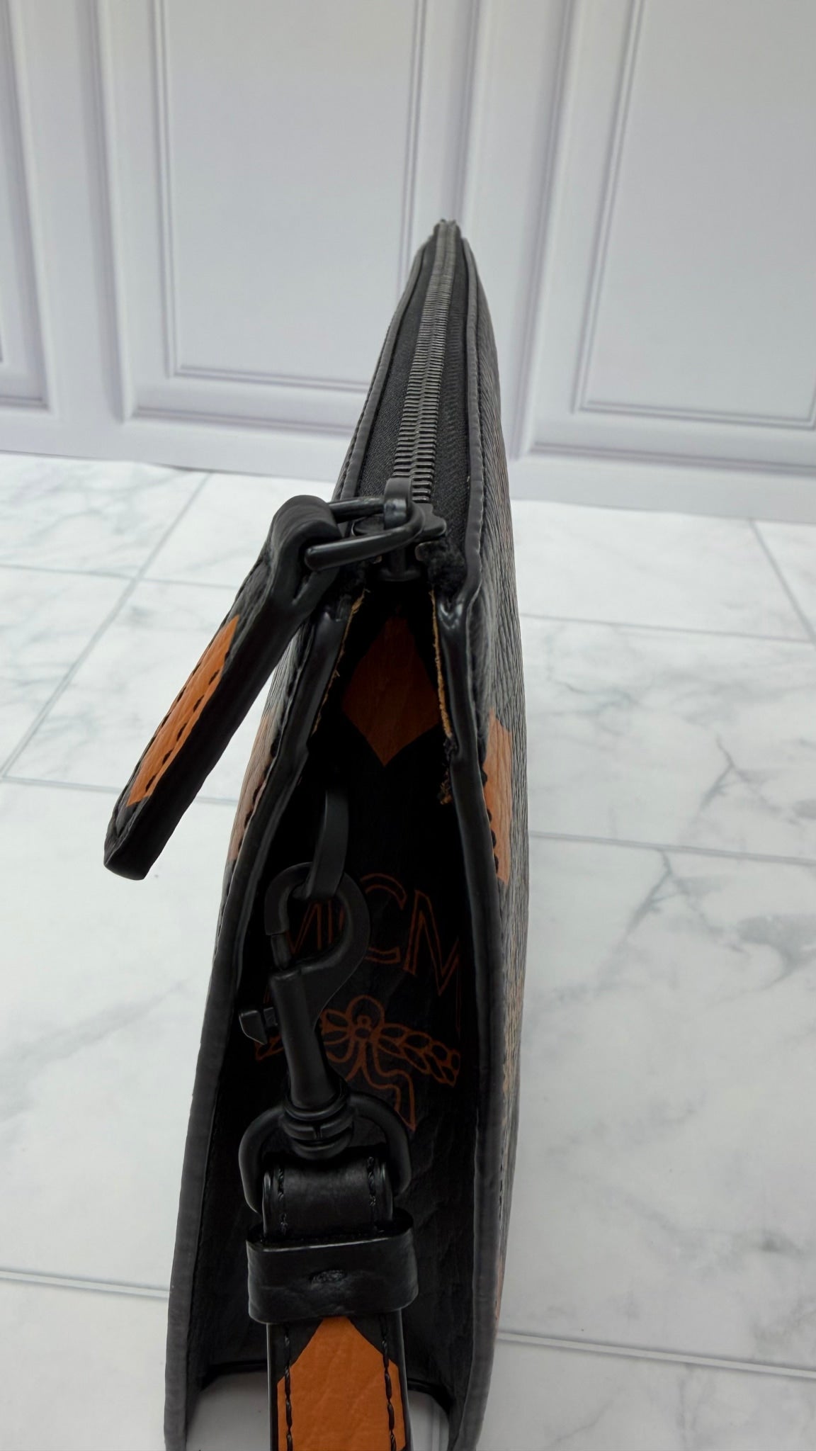 MCM Black & Orange Coated Canvas Pouch