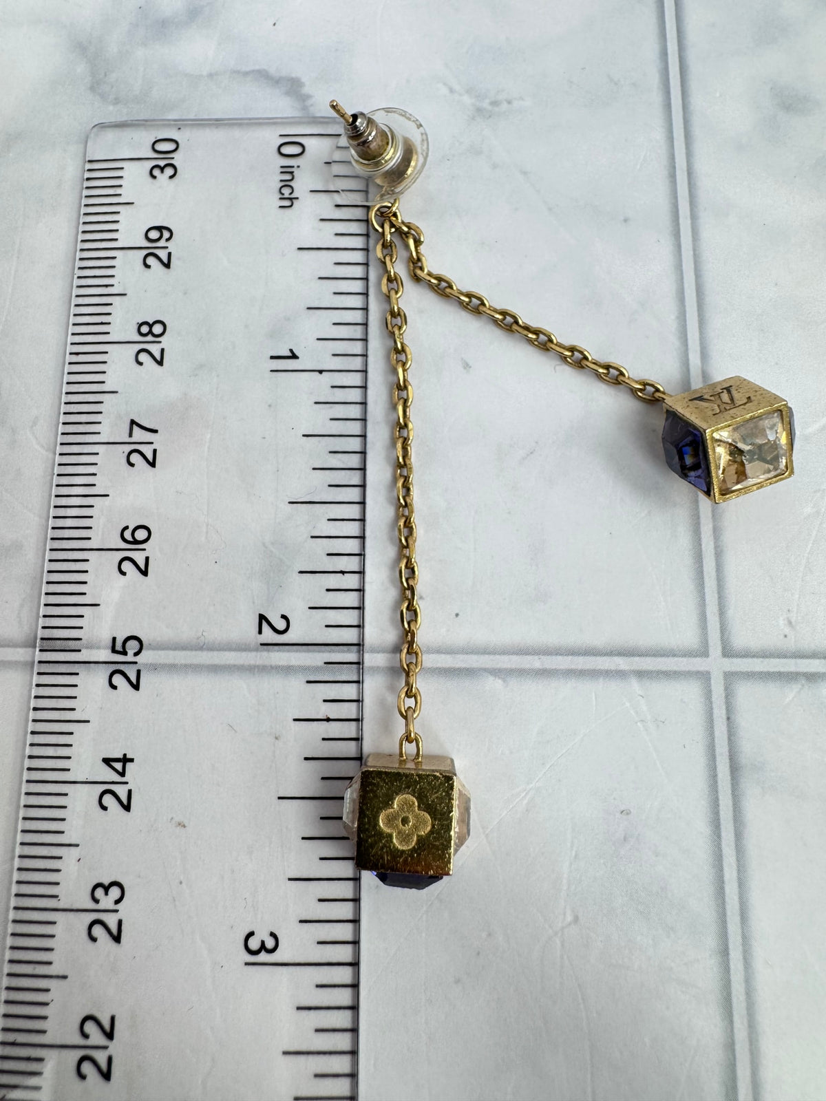 Louis Vuitton Gold Tone & Purple Crystal Gamble Drop Earrings