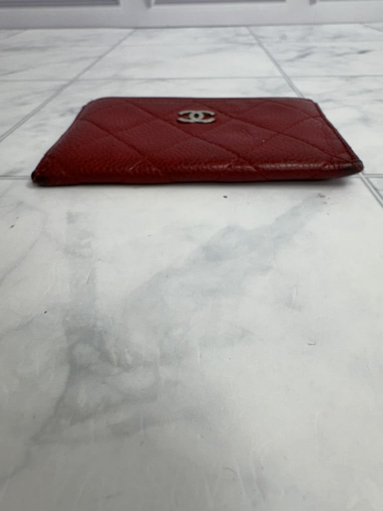Chanel Red Diamond Quilted Caviar Leather Card Case 