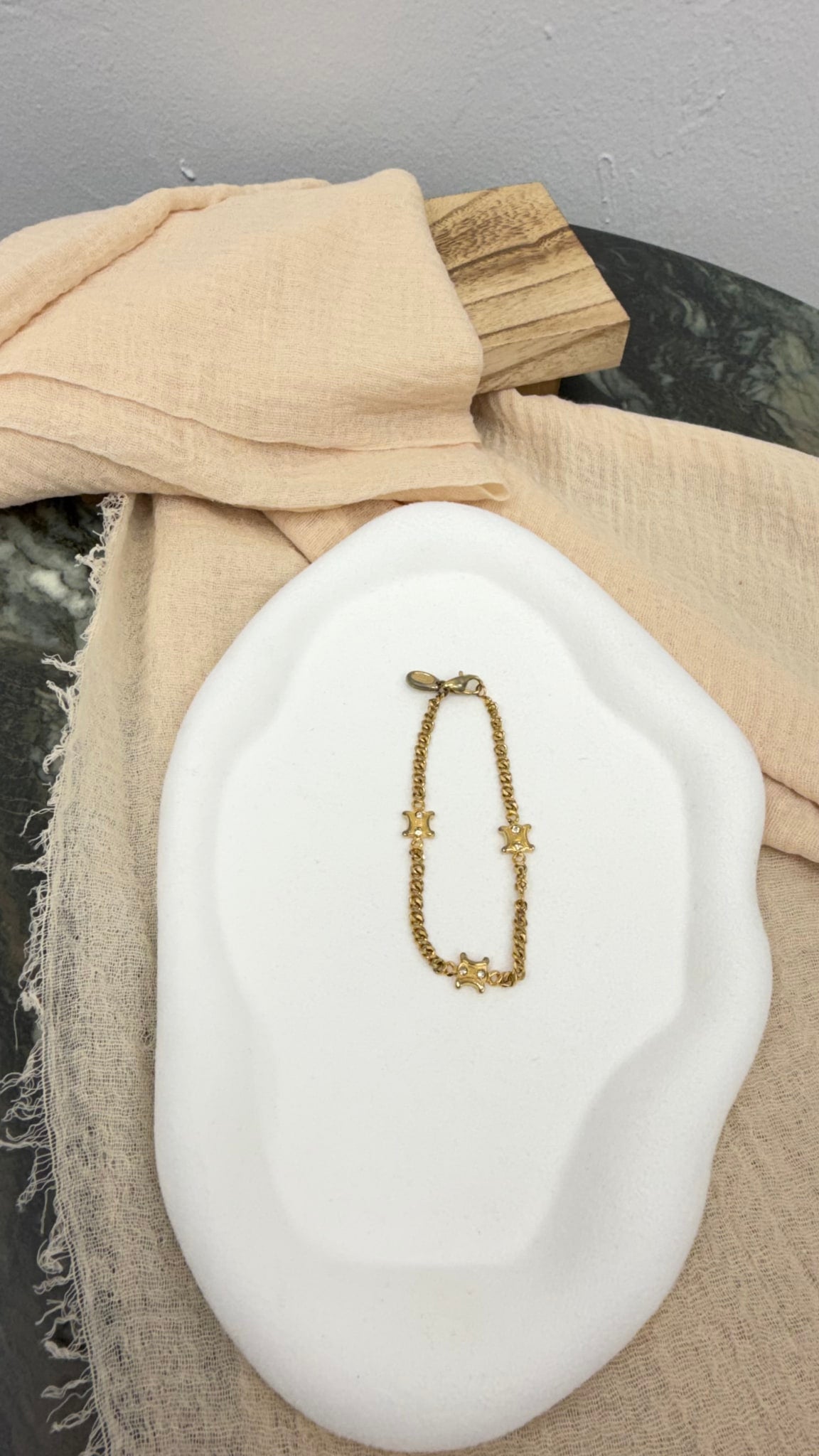 Celine Gold Tone Triomphe Rhinestone Curb Link Bracelet 