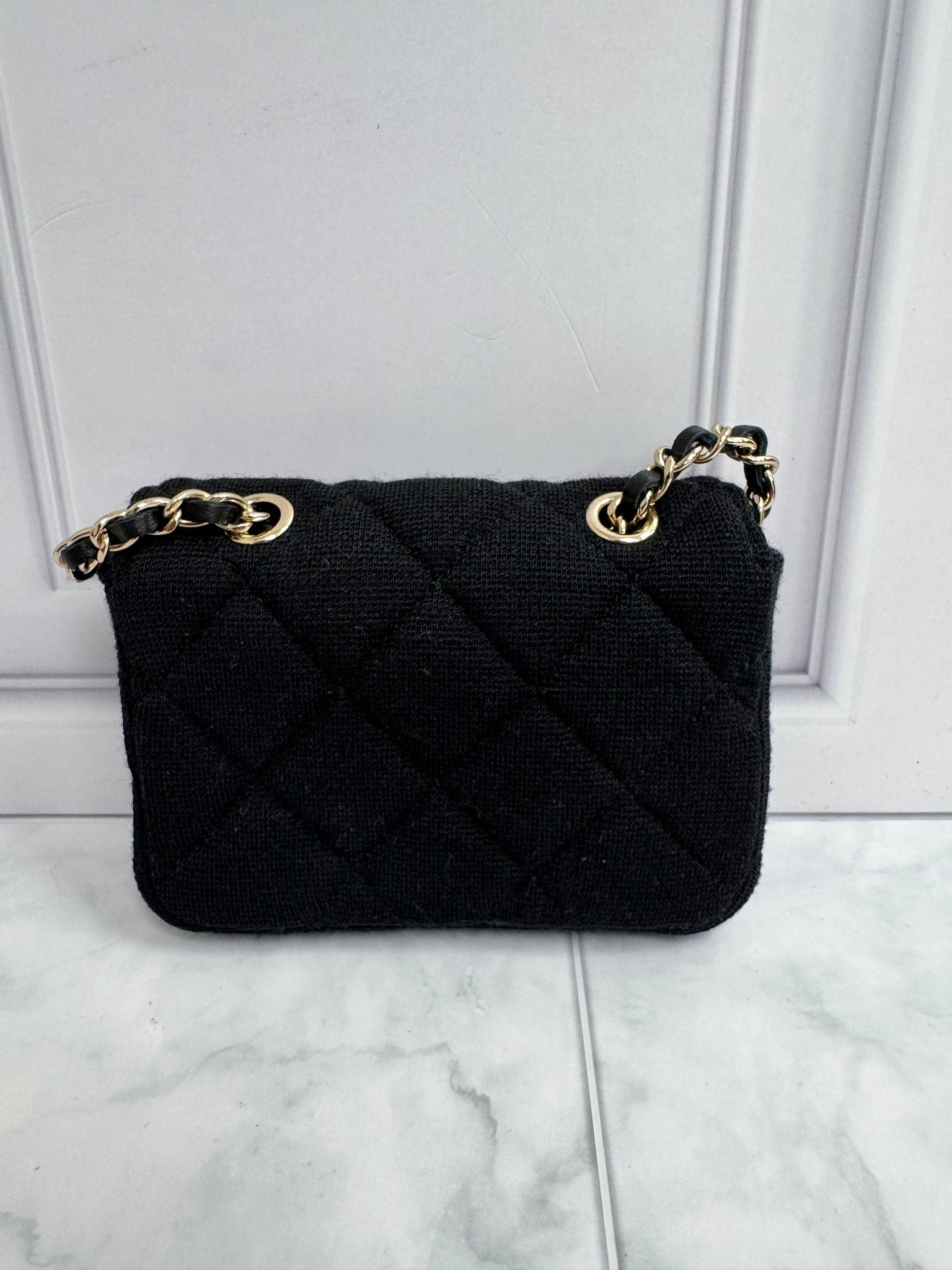 LIKE NEW - Chanel Black Diamond Quilted Jersey Fabric Micro Classic Flap Shoulder Bag