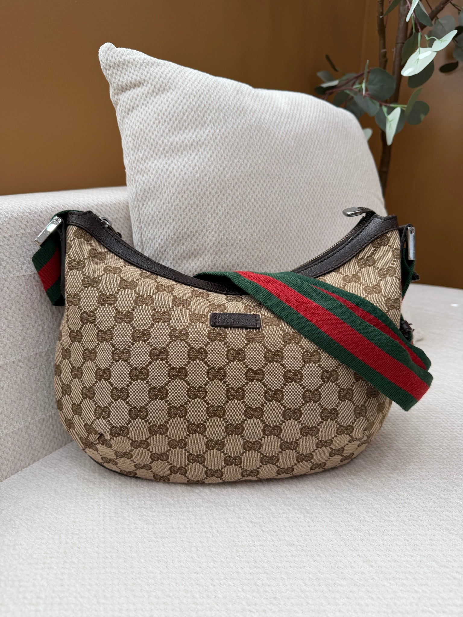 Gucci GG Canvas Web Half Moon Crossbody Handbag 