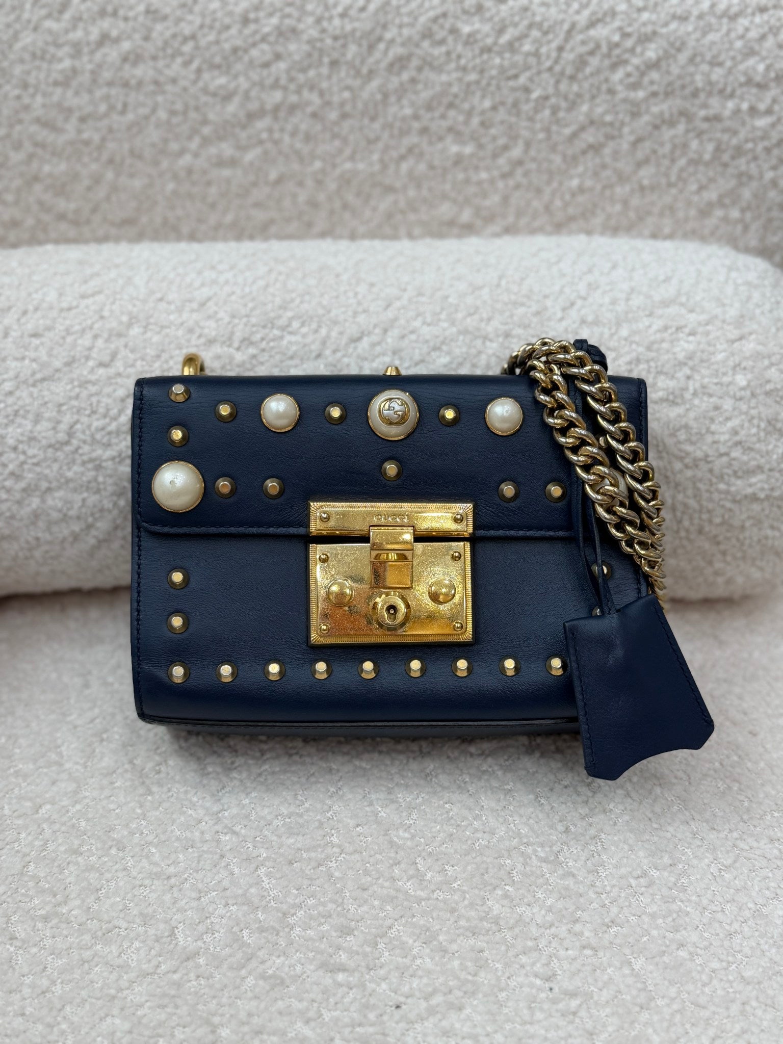 Gucci Navy Leather Studded Padlock Shoulder Bag