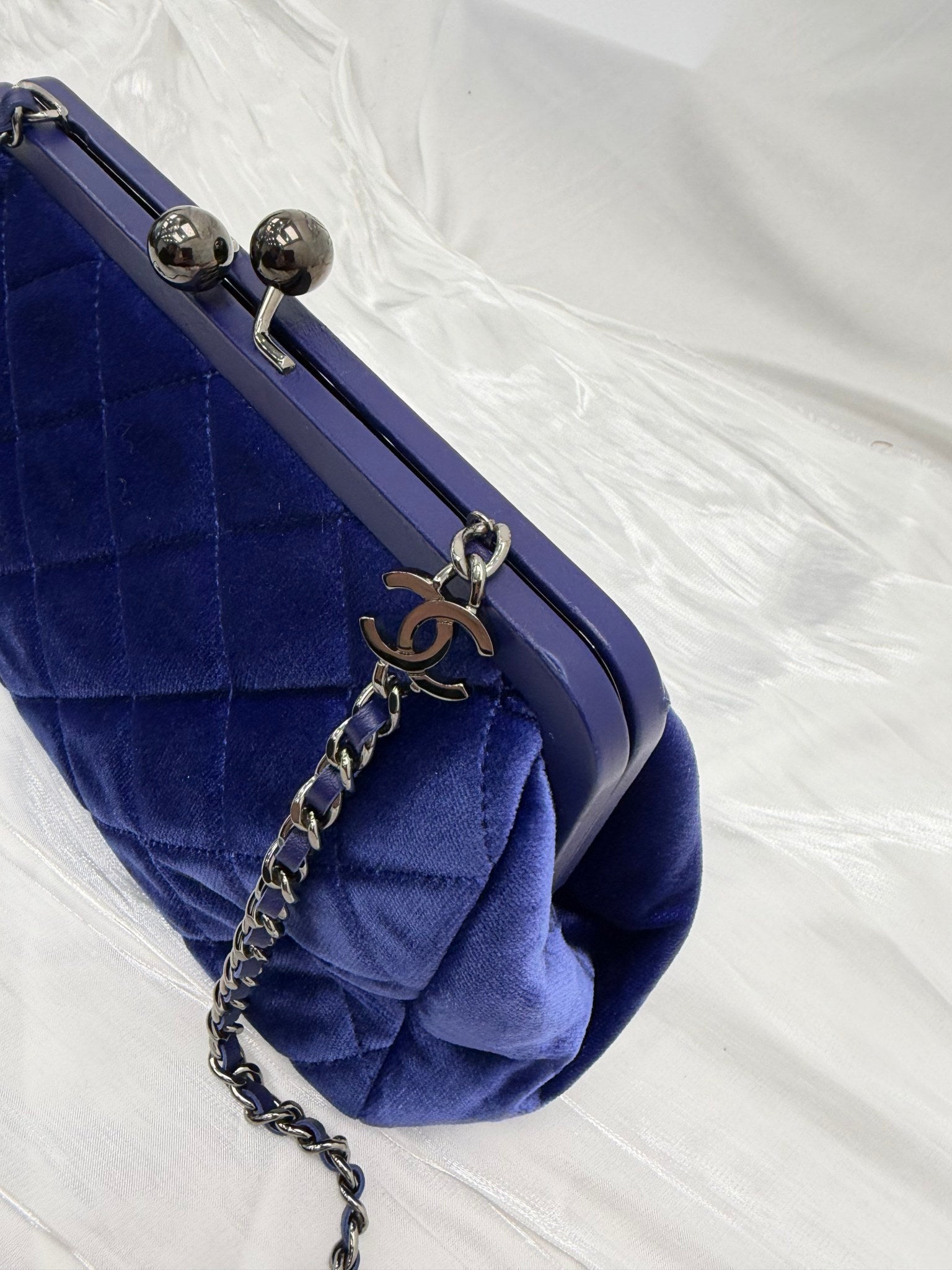 Chanel Blue Velvet Quilted Kiss Lock Clutch on a Chain