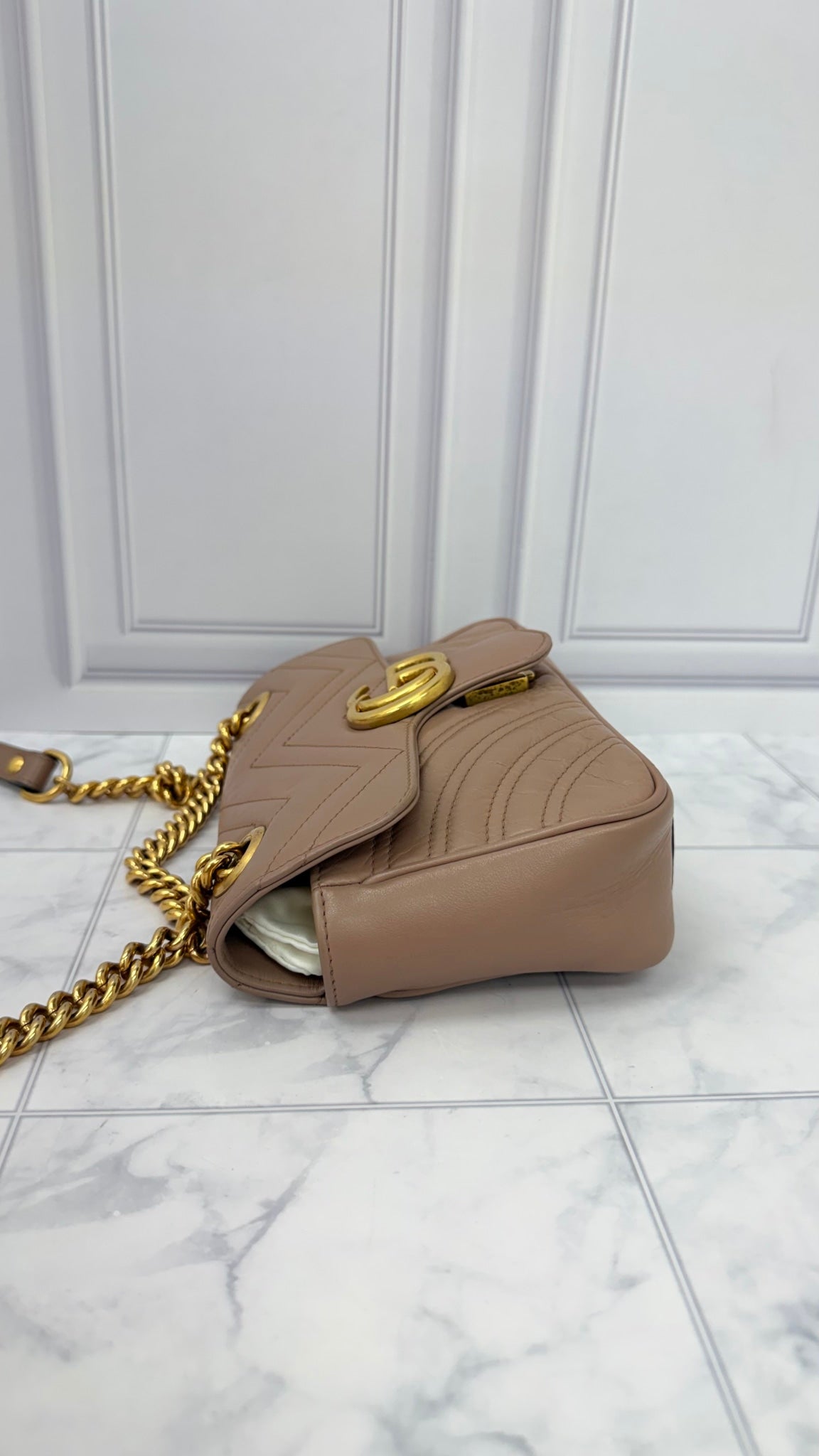 Gucci Dusty Pink Leather GG Marmont Chain Mini Shoulder Bag 