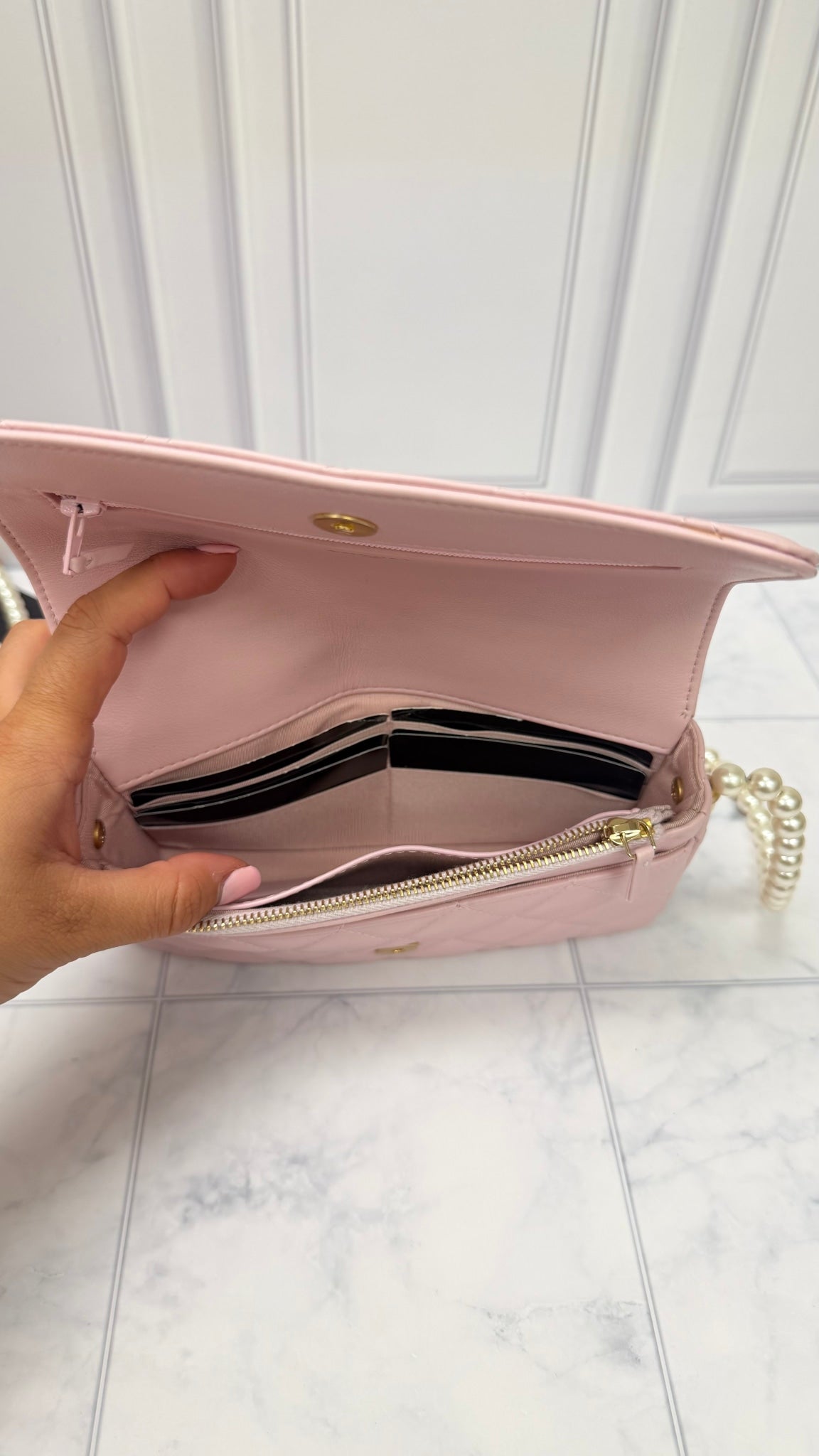 Chanel Pink Lambskin Quilted Leather Pearl Wallet On A Chain 