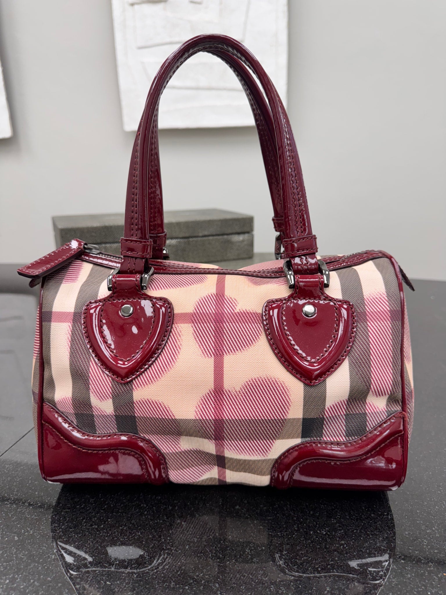 Burberry Burgundy Hearts House Check With Patent Leather Boston Bag