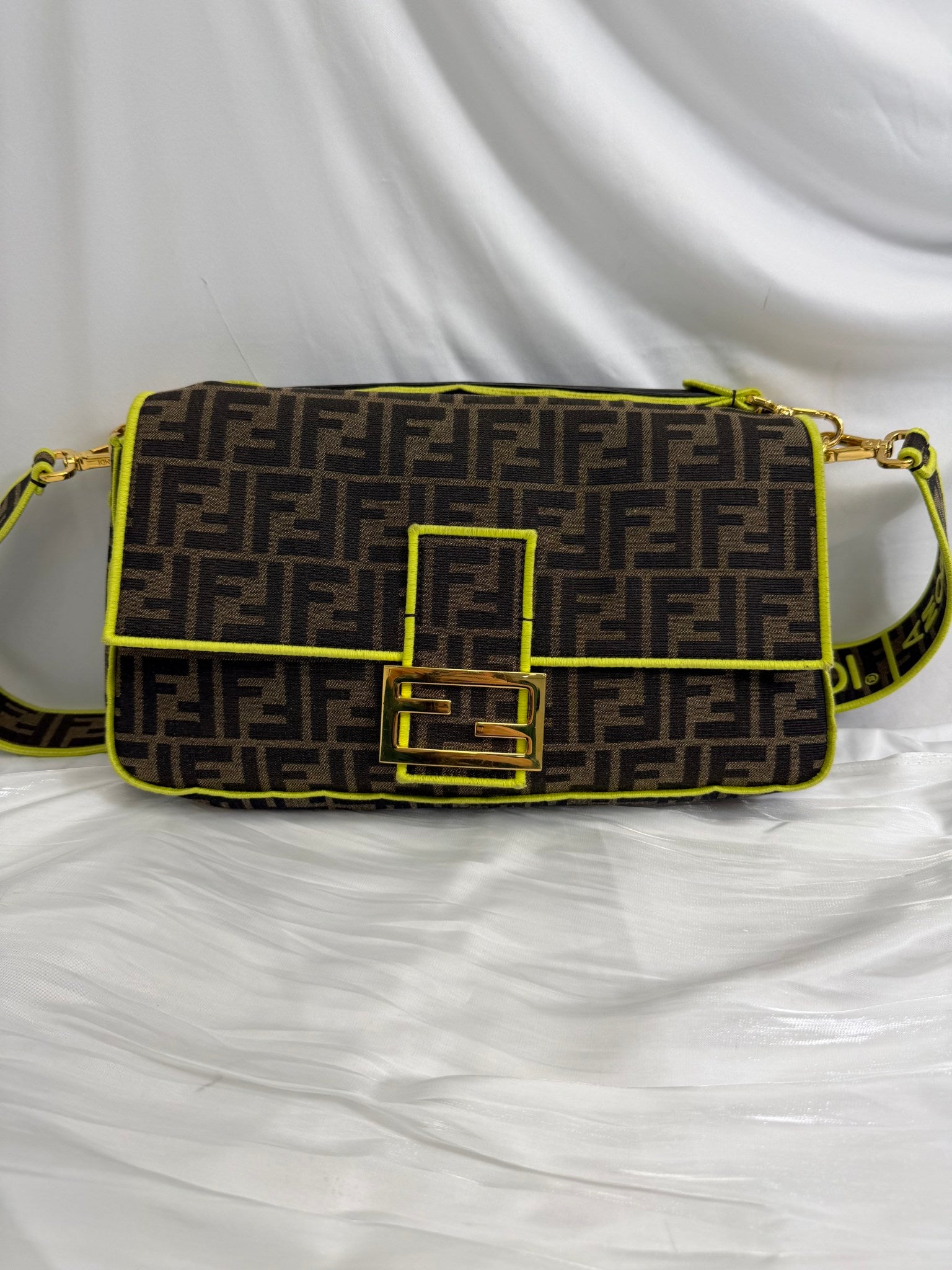 Fendi Brown & Green Zucca Large Baguette 2Way Bag