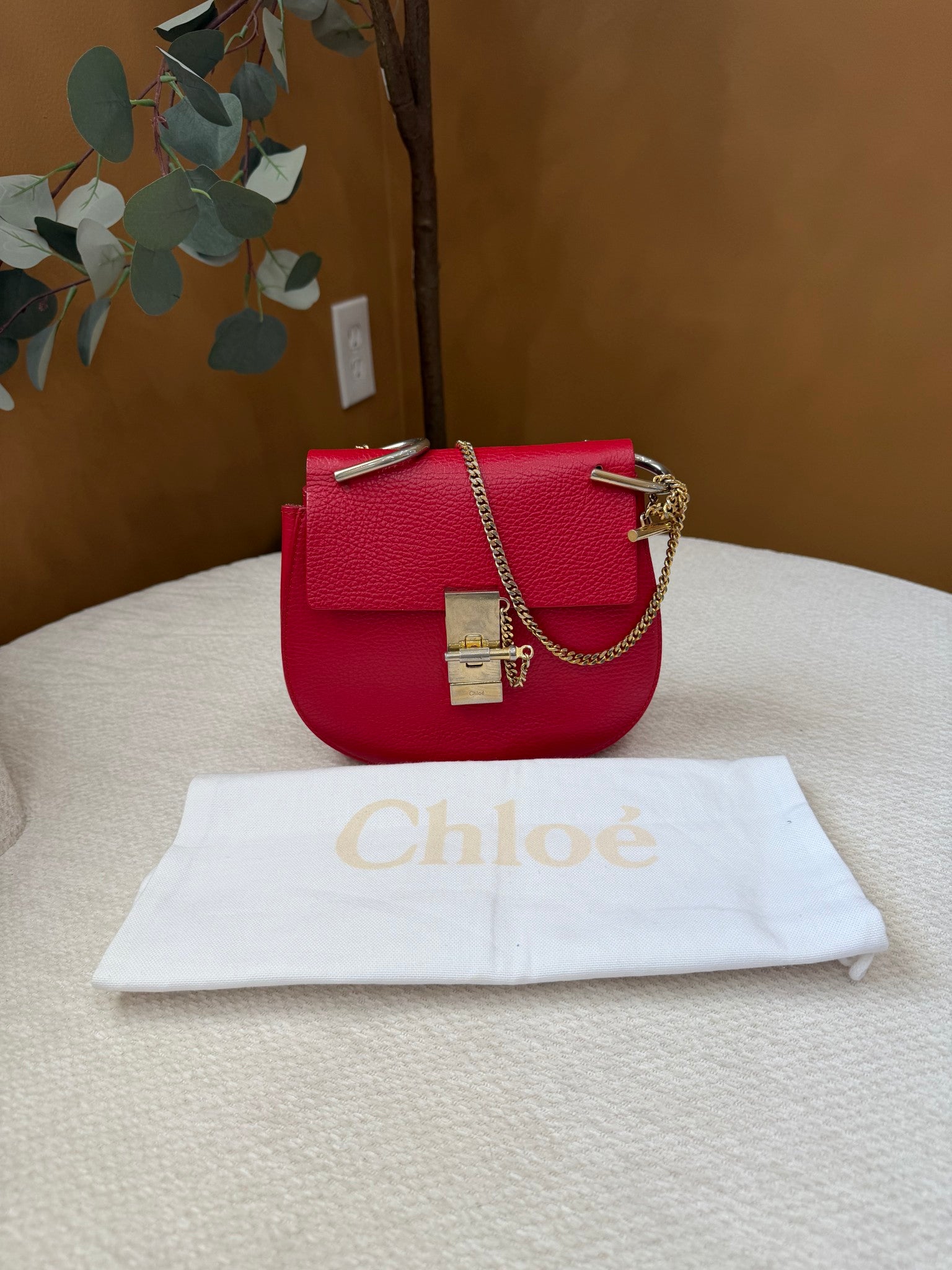 Chloe Red Grained Leather Drew Small Crossbody Bag