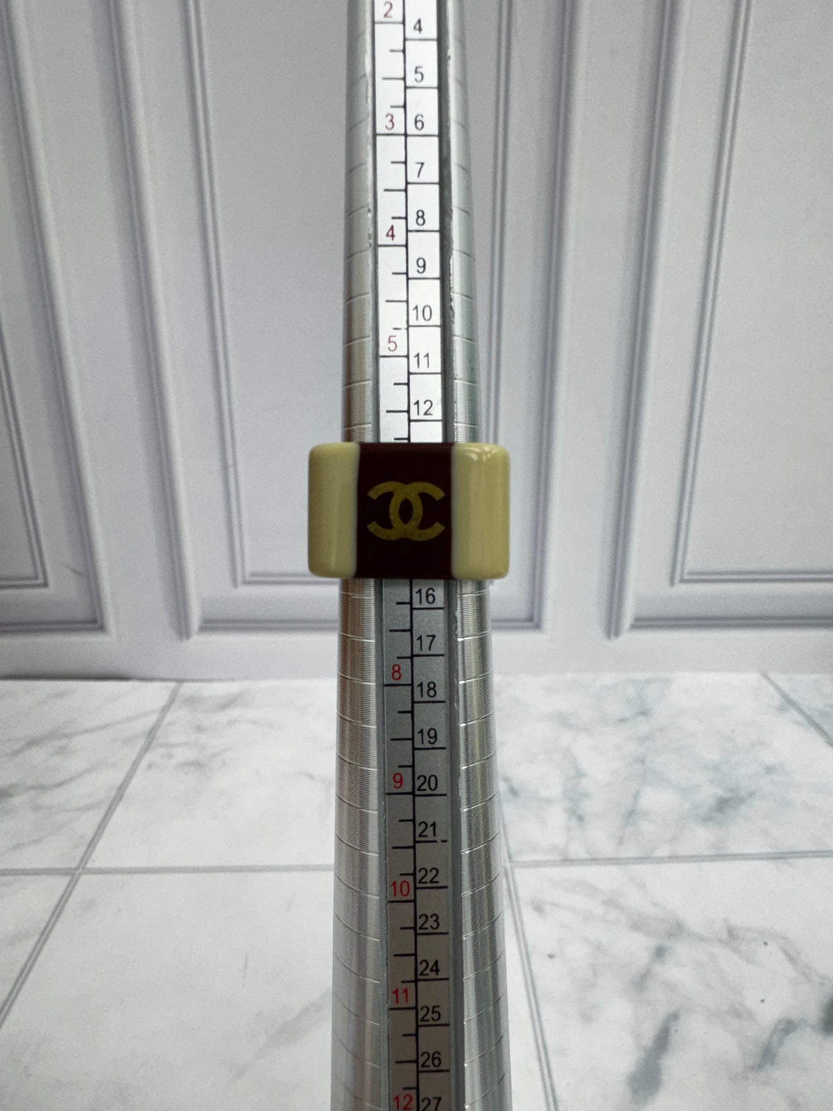 Chanel Cream & Burgundy Resin CC Ring Size 7