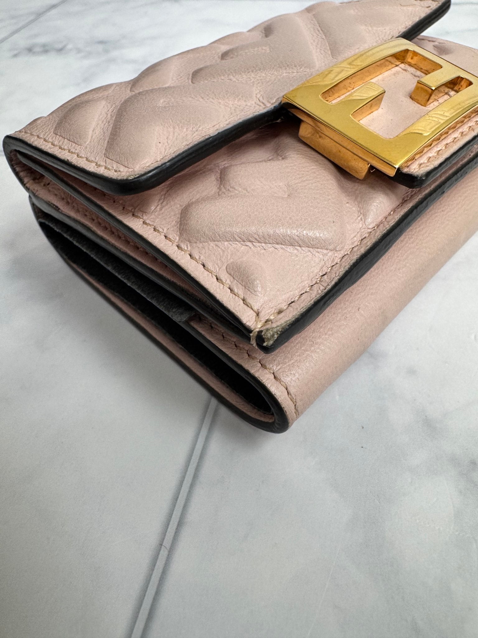 Fendi Light Pink FF Embossed Leather Baguette Compact Wallet 
