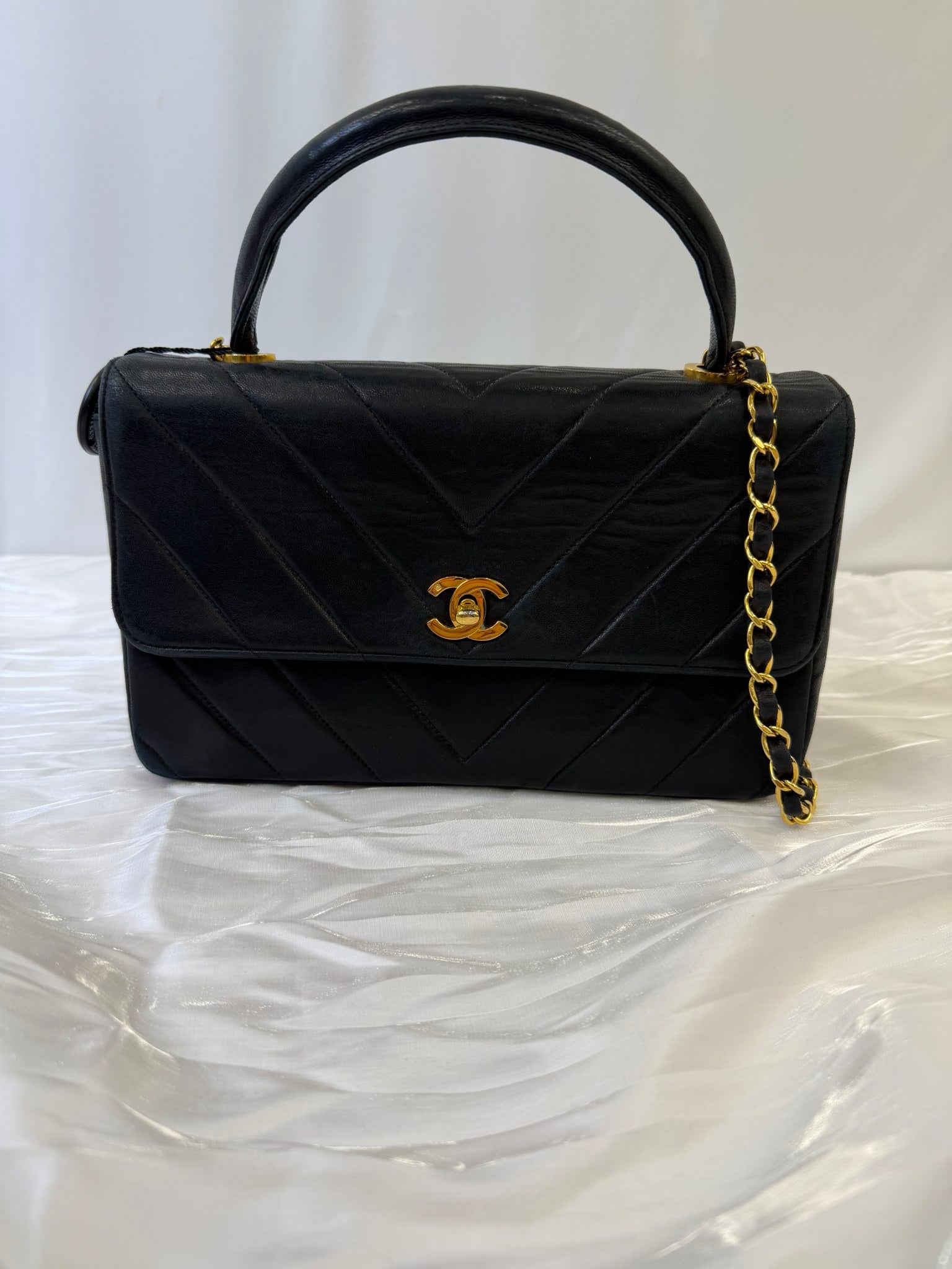 Chanel Black Lambskin Chevron Top Handle Bag