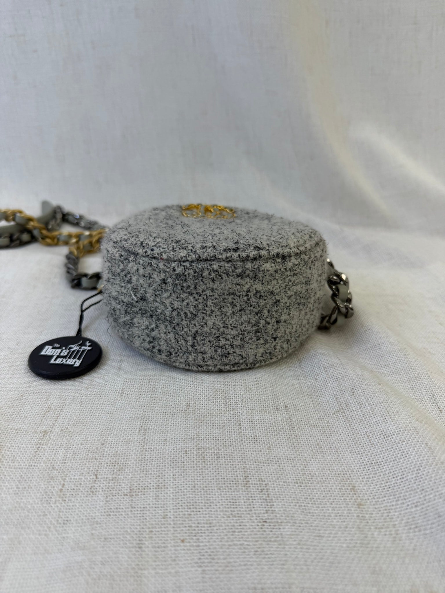 Chanel Gray Tweed 19 Quilted Round Clutch Bag