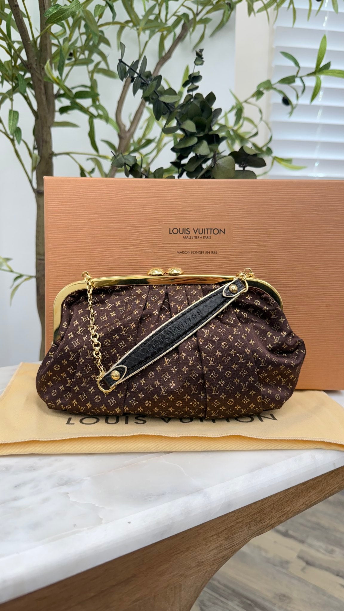 Louis Vuitton Limited Edition Brown & Gold Monogram Satin Aumoniere Kisslock Bag