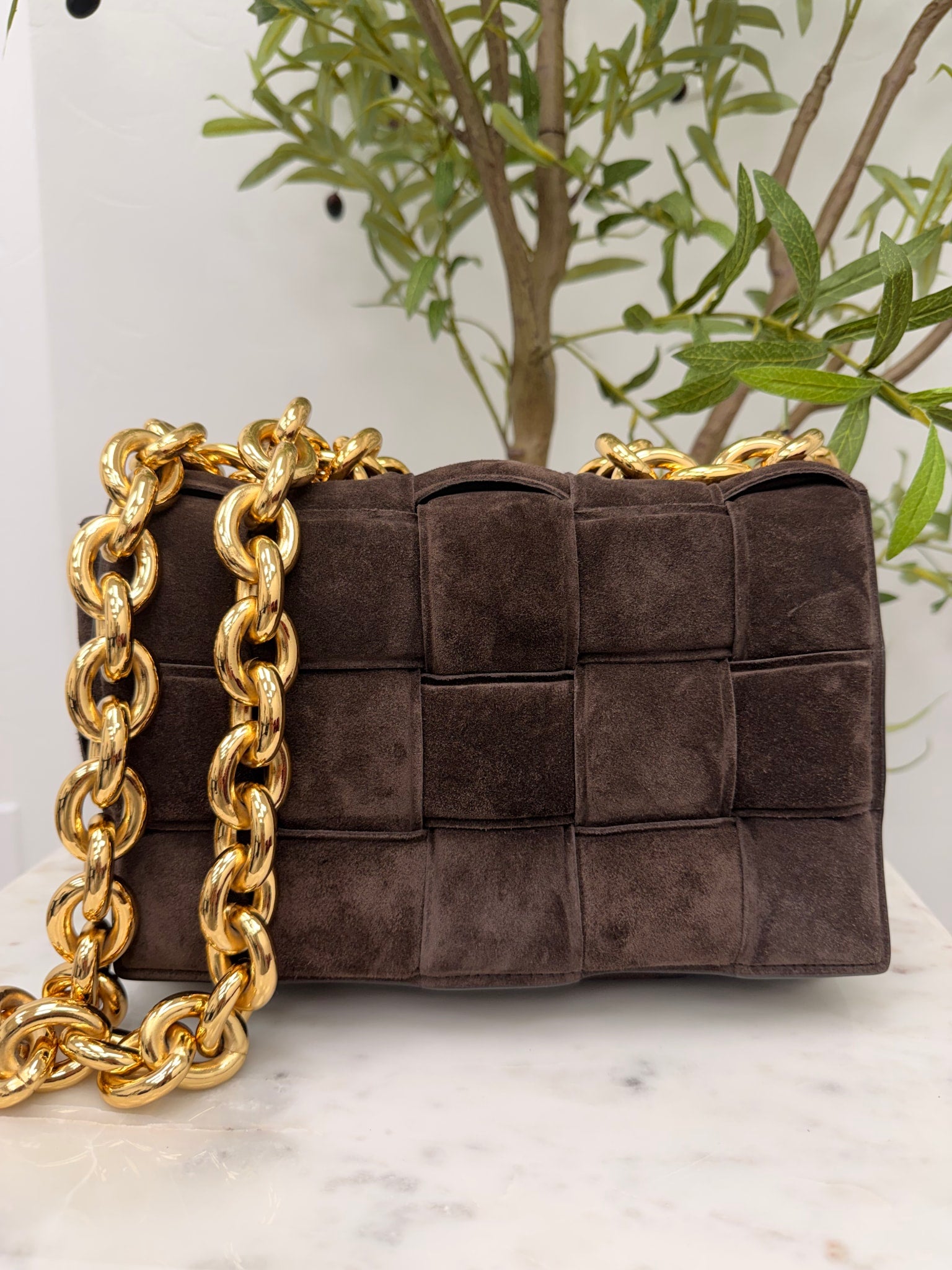 Bottega Veneta Brown Suede Padded Chain Cassette Shoulder Bag