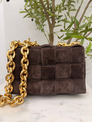 Bottega Veneta Brown Suede Padded Chain Cassette Shoulder Bag