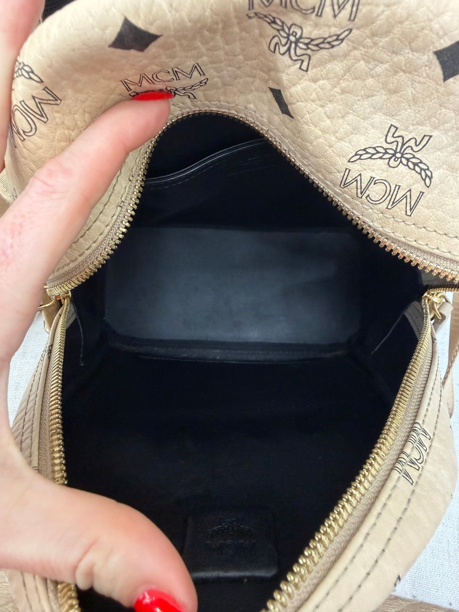 MCM Beige Visetos Leather Studded Mini Backpack