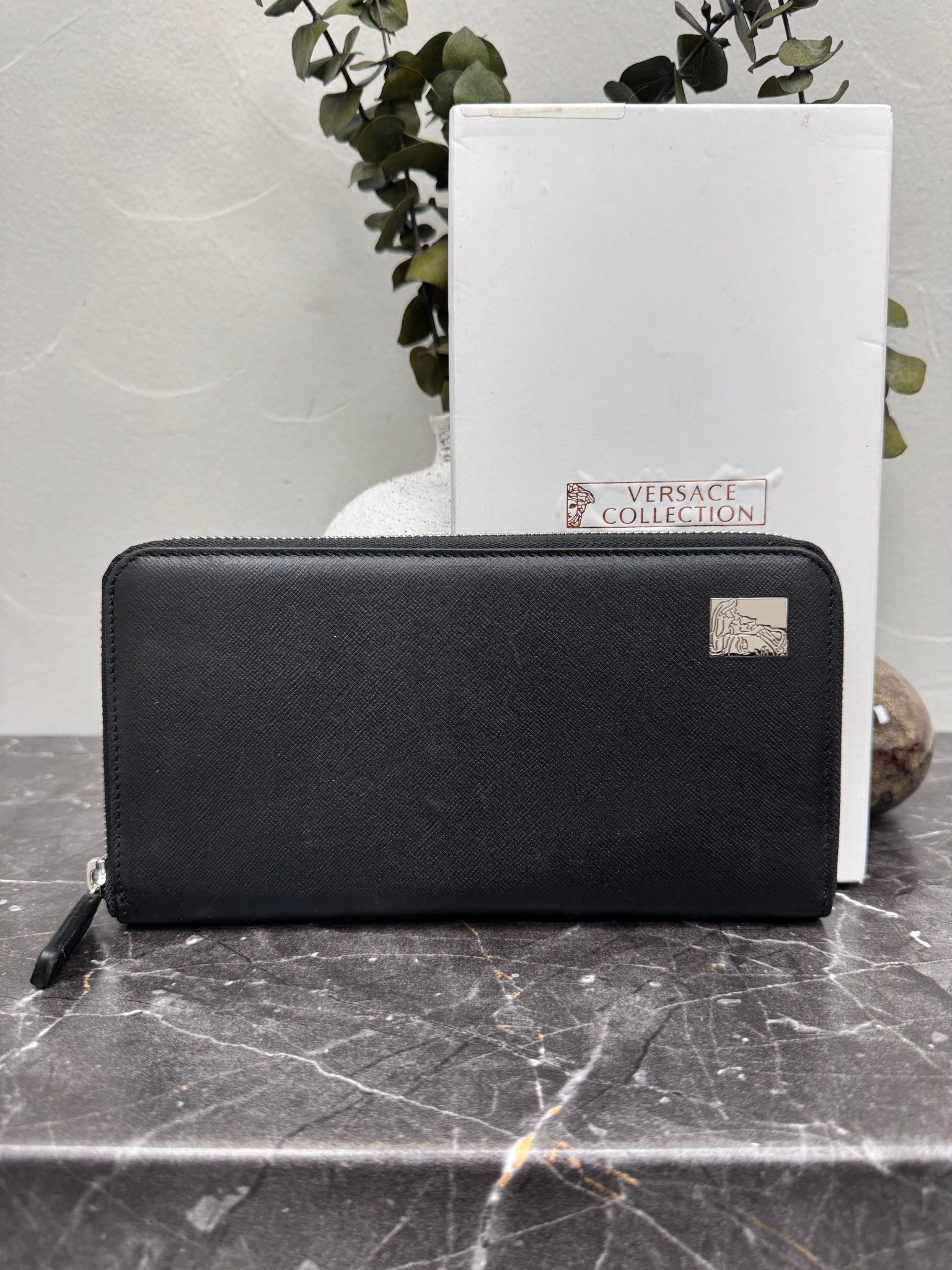 Versace Black Leather Long Zippy Wallet