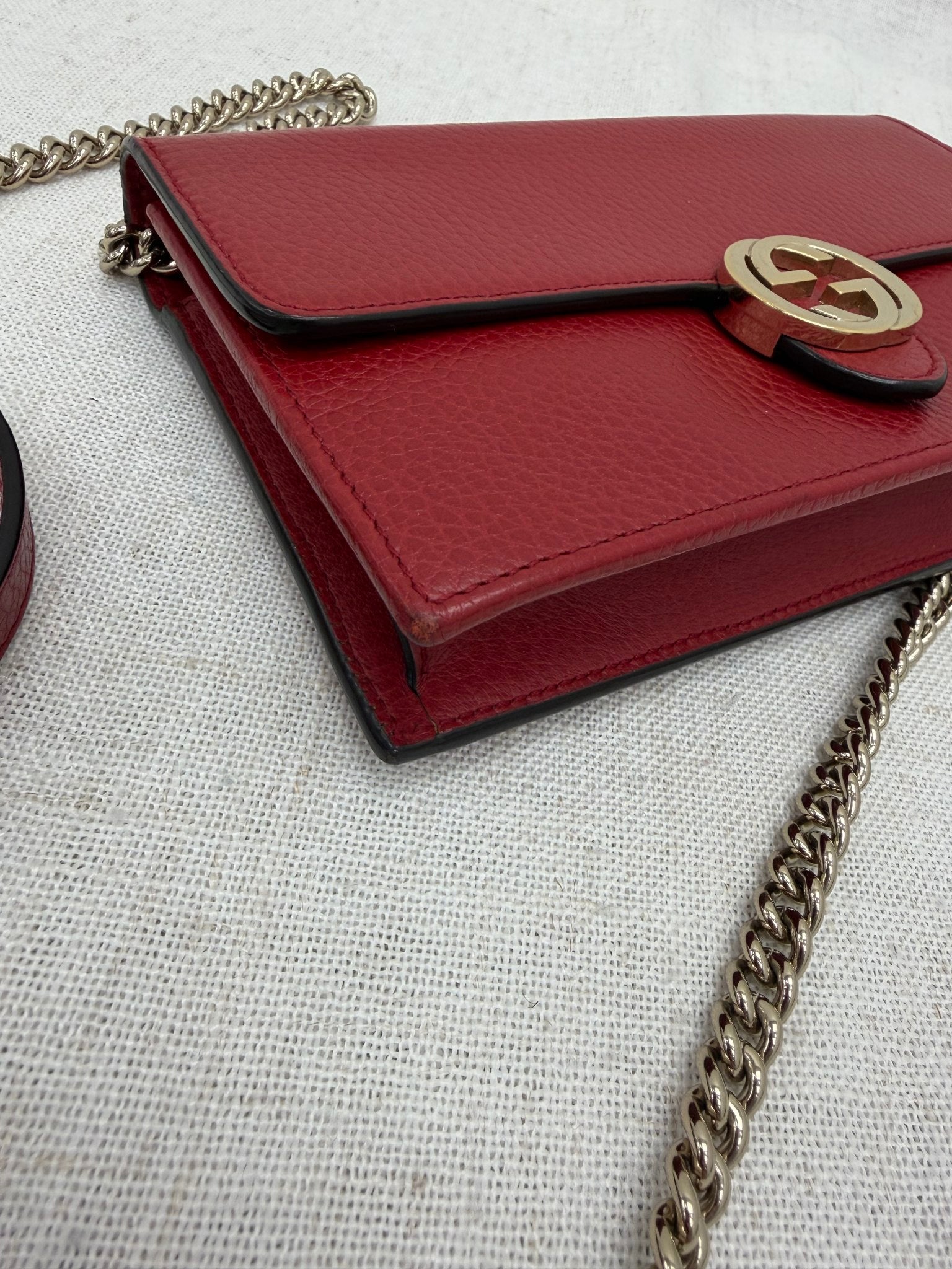 Gucci Red Leather Interlocking G Wallet on a Chain