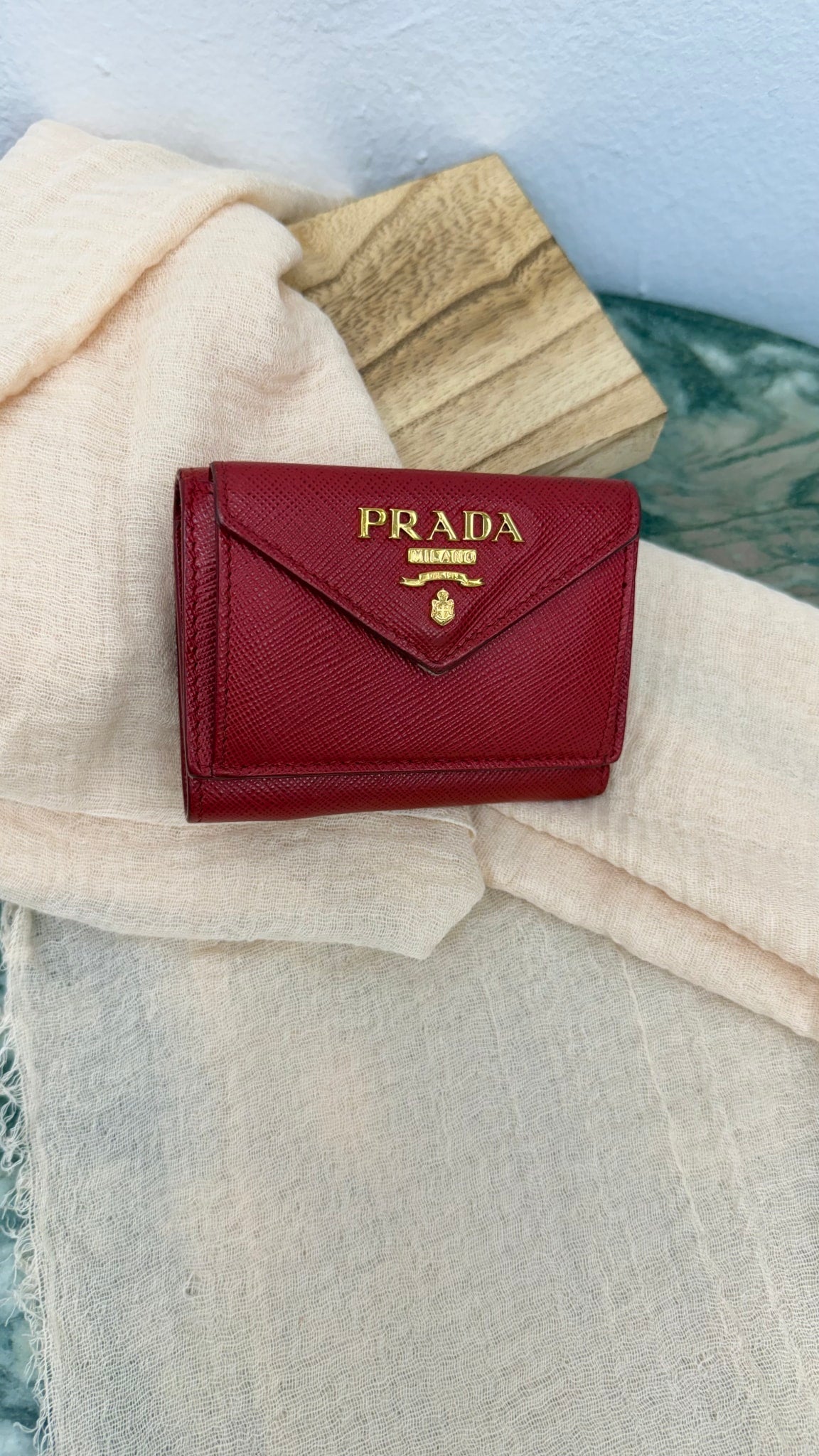 Prada Red Saffiano Leather Trifold Compact Wallet 