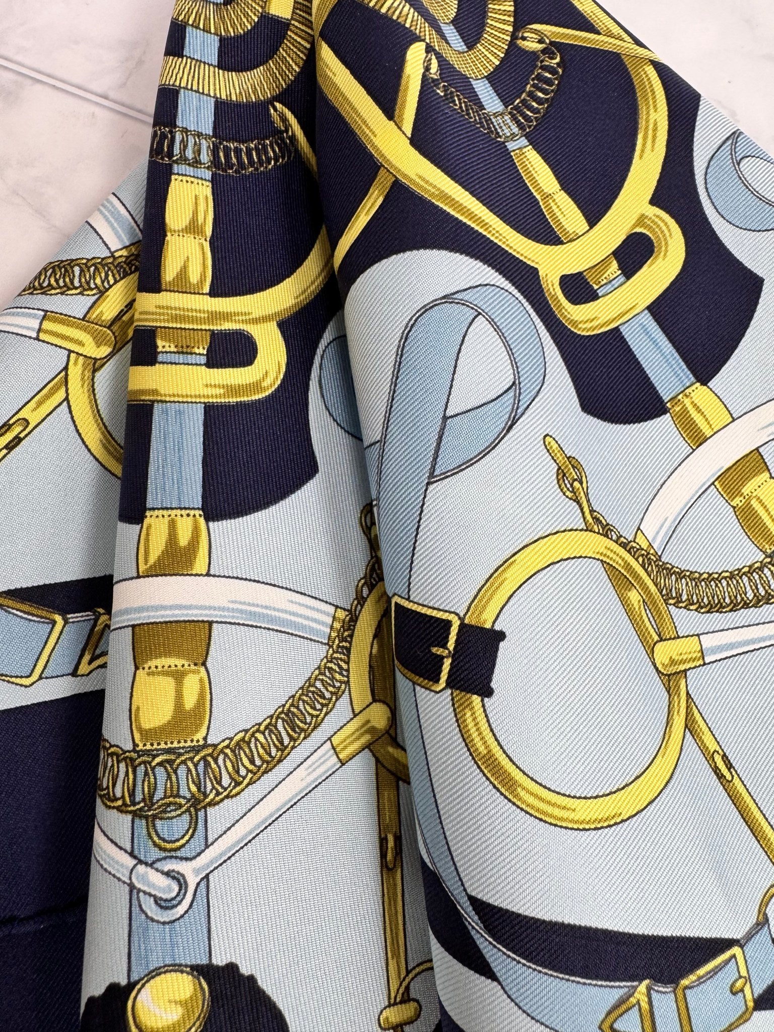 Hermes Navy Blue And Gold Silk Eperon d'Or Scarf