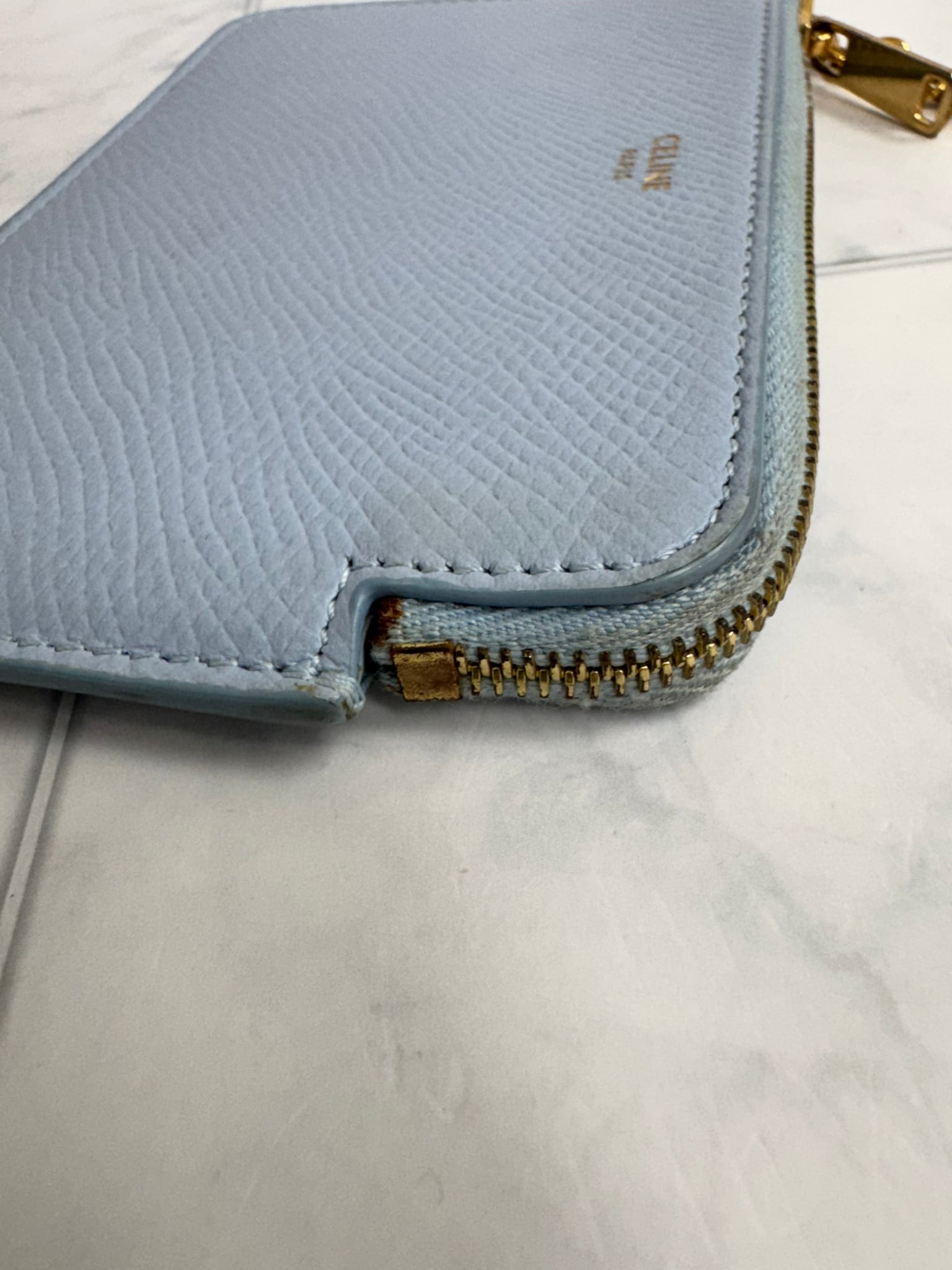 Celine Baby Blue Grained Leather Zippy Card Holder