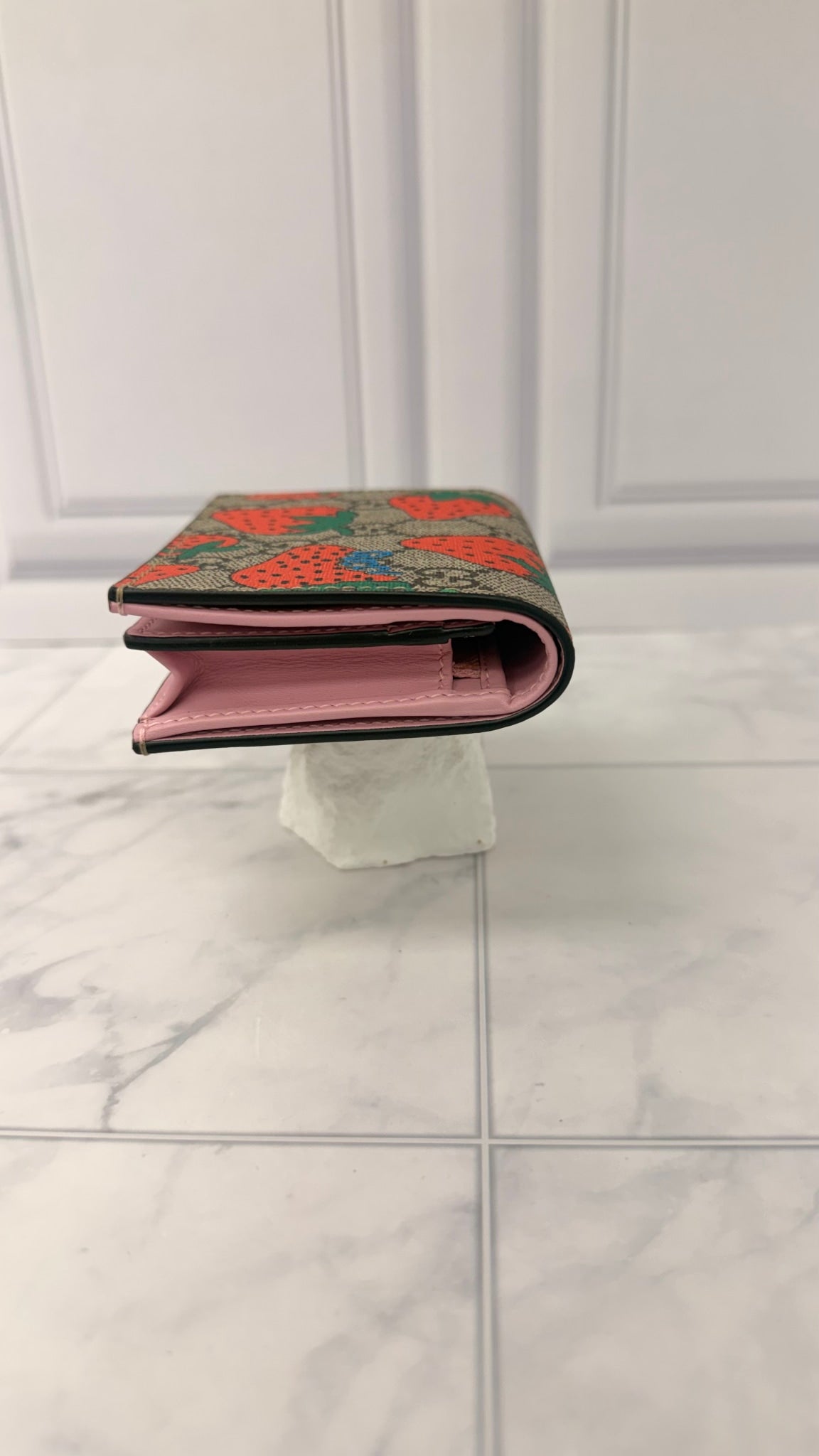 Gucci Pink GG Supreme Strawberry Compact Wallet 