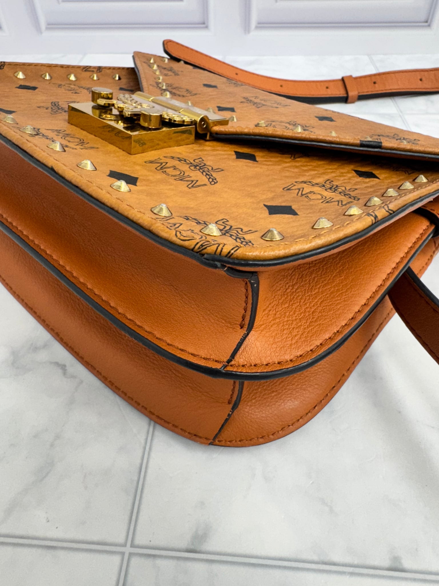 MCM Cognac Visetos Coated Canvas Studded Patricia Outline Small Crossbody Bag