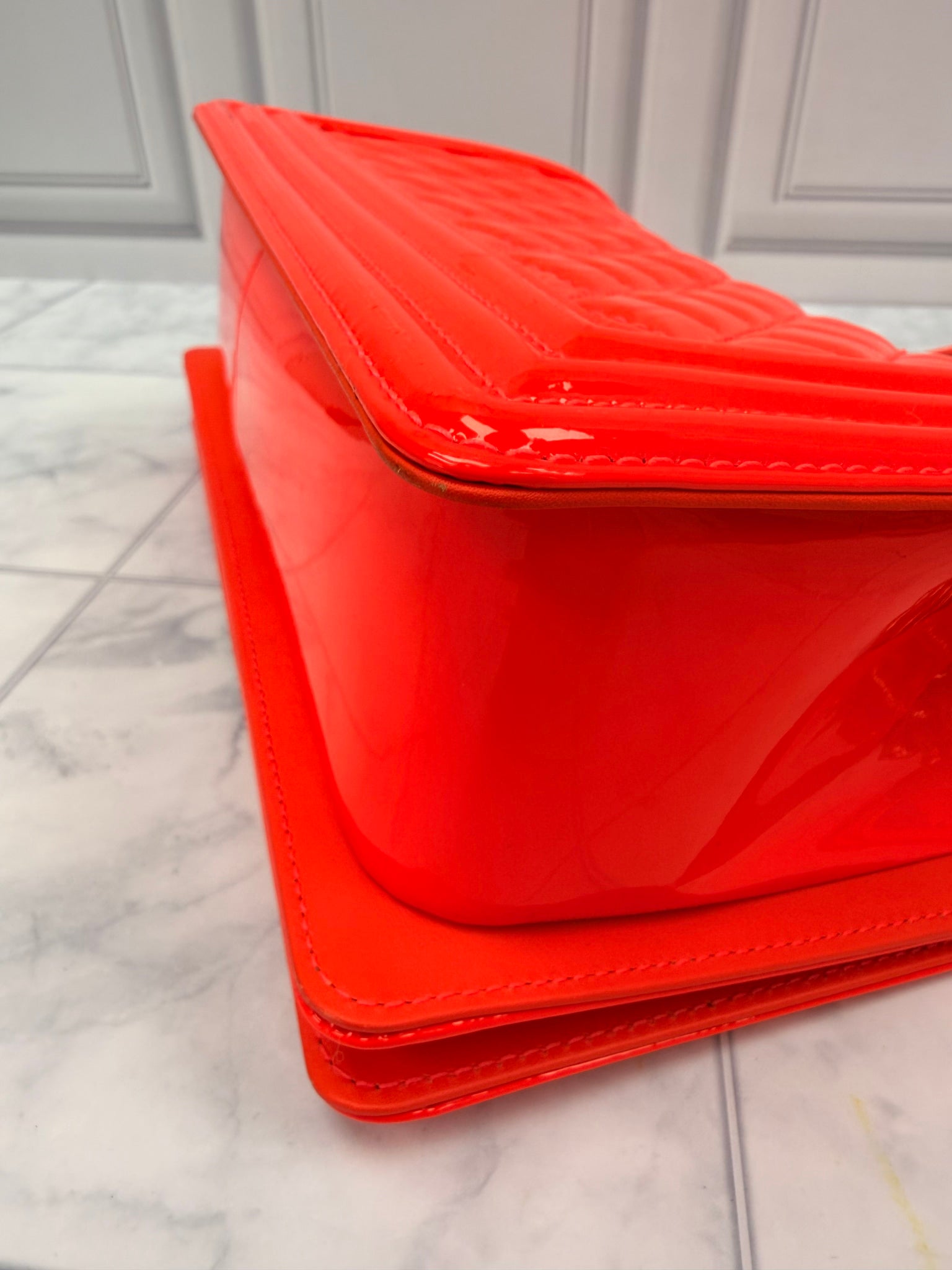 Chanel Neon Orange Quilted Patent Leather Medium Boy Bag