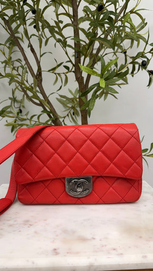 Chanel Red Quilted Goatskin Small Double Carry Waist Chain Flap Bag