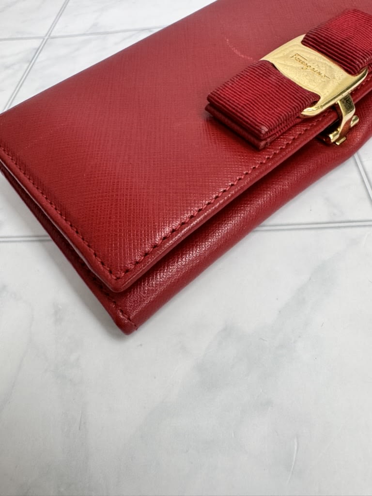 Salvatore Ferragamo Red Saffiano Leather Vara Bow Long Wallet