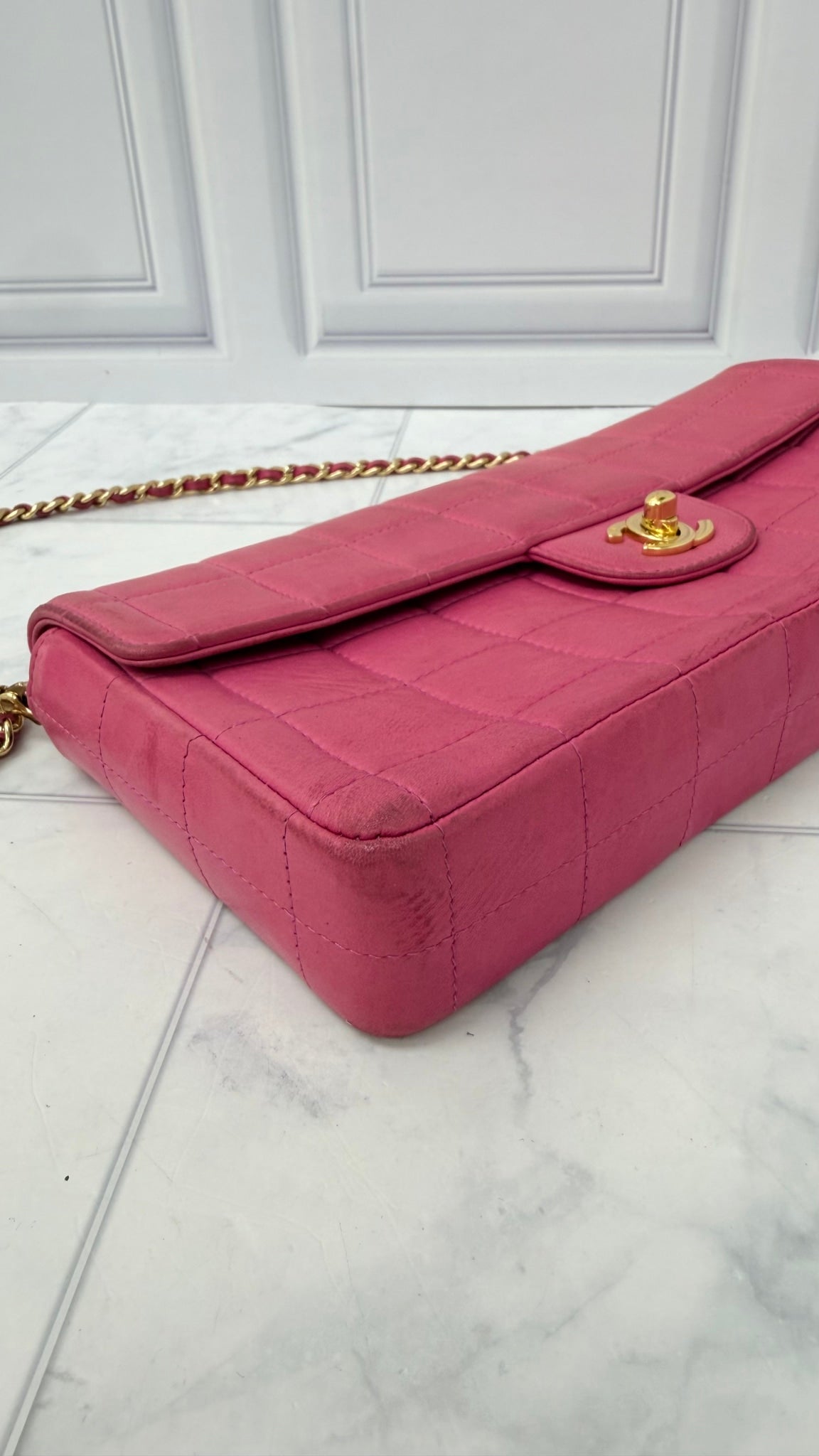 Chanel Hot Pink Lambskin Leather Chocolate Bar East West Flap Shoulder Bag 