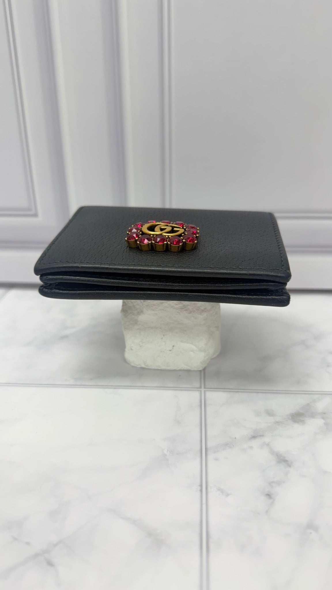 Gucci Black Leather Rhinestone Compact Wallet 