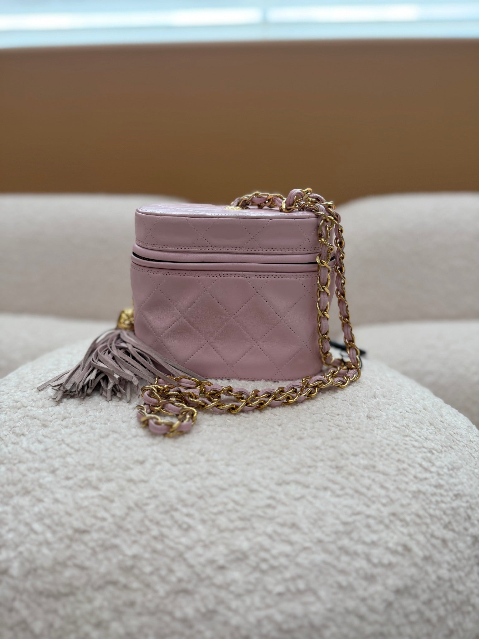 Chanel Pink Quilted Lambskin Round Vanity Bag