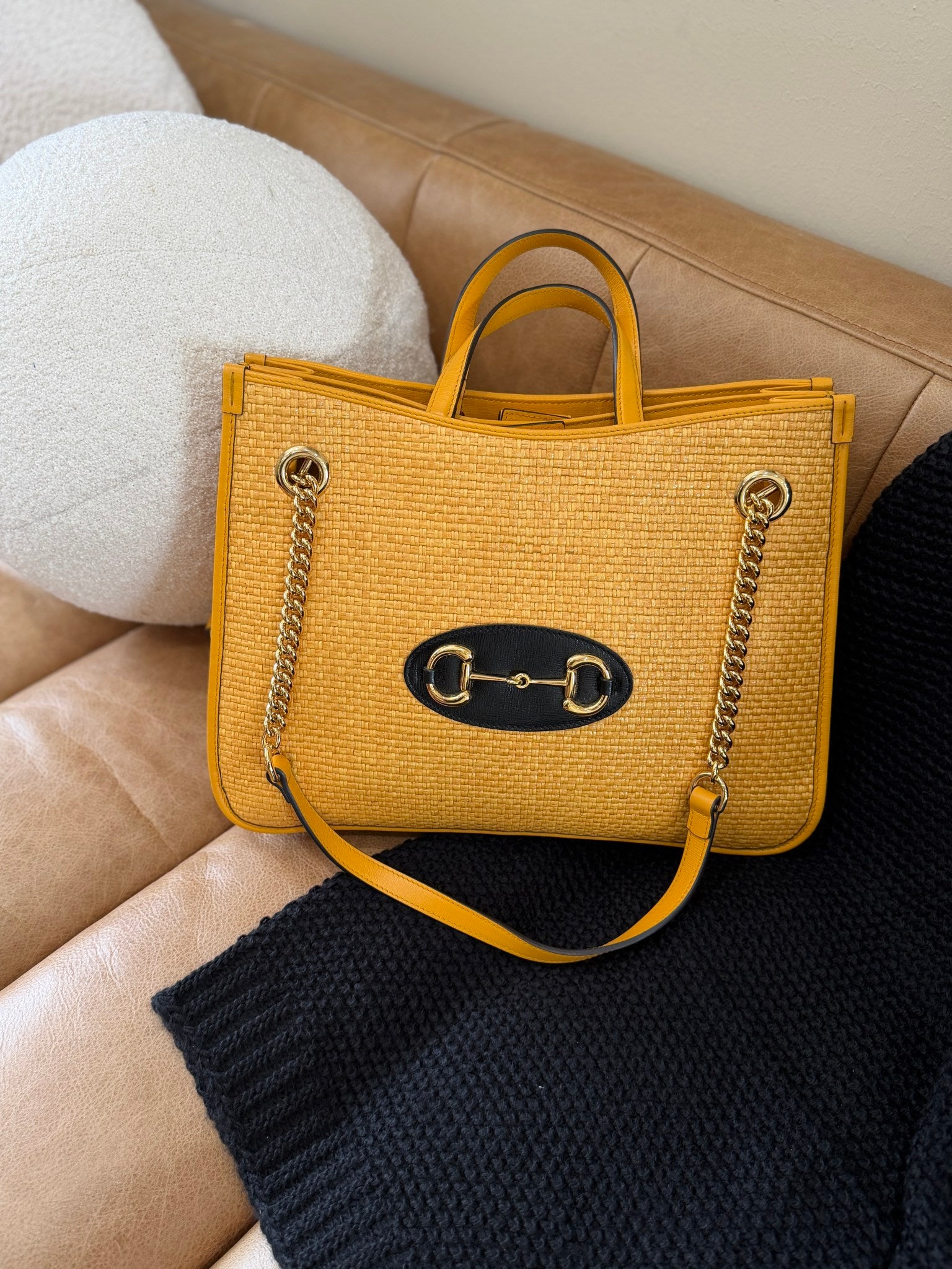 Gucci Yellow Woven Raffia Medium 1955  2Way Tote Bag