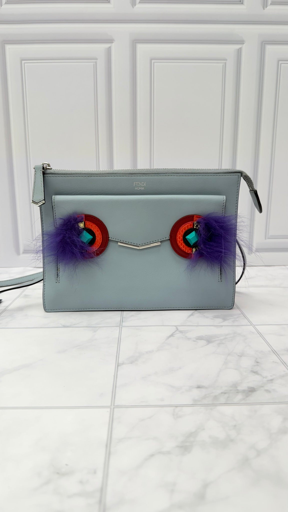 Fendi Blue Leather Monsters Crossbody Bag