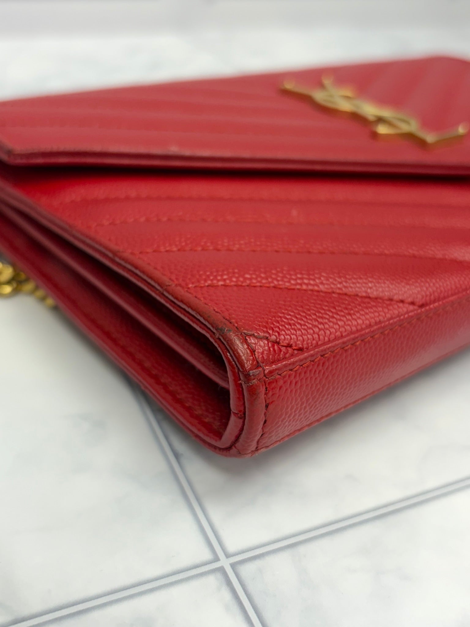 Saint Laurent YSL Red Caviar Wallet on a chain