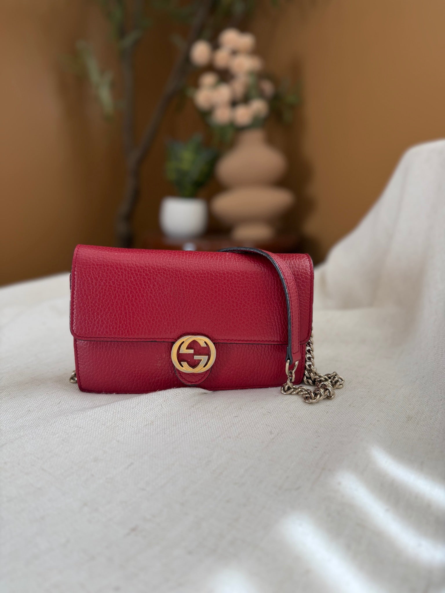 Gucci Red Leather Interlocking G Wallet On Chain Bag