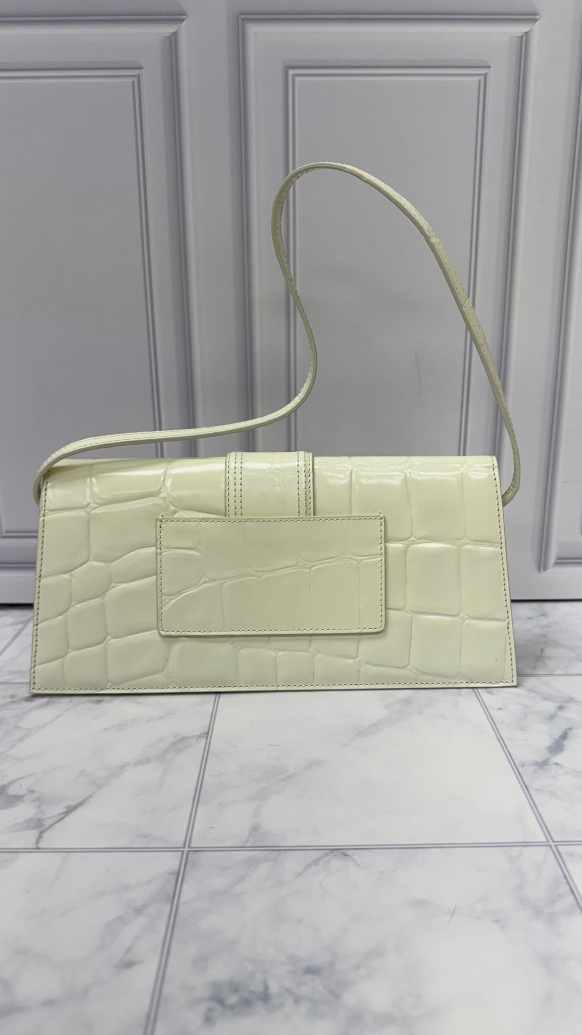 BRAND NEW - Jacquemus White Croc Embossed Leather Le Bambino Long Shoulder Bag