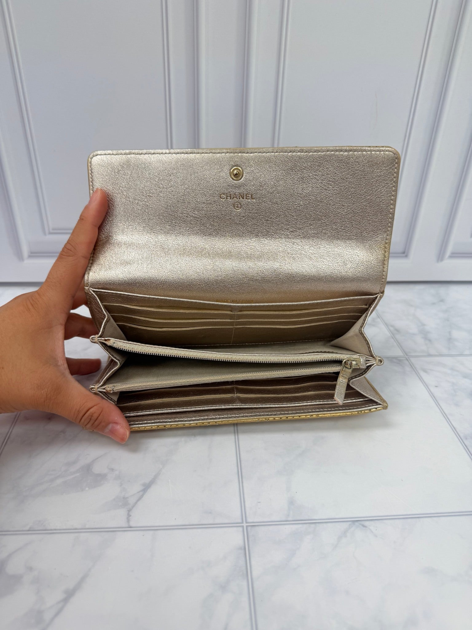 Chanel Gold Perforated Leather Flap Wallet 