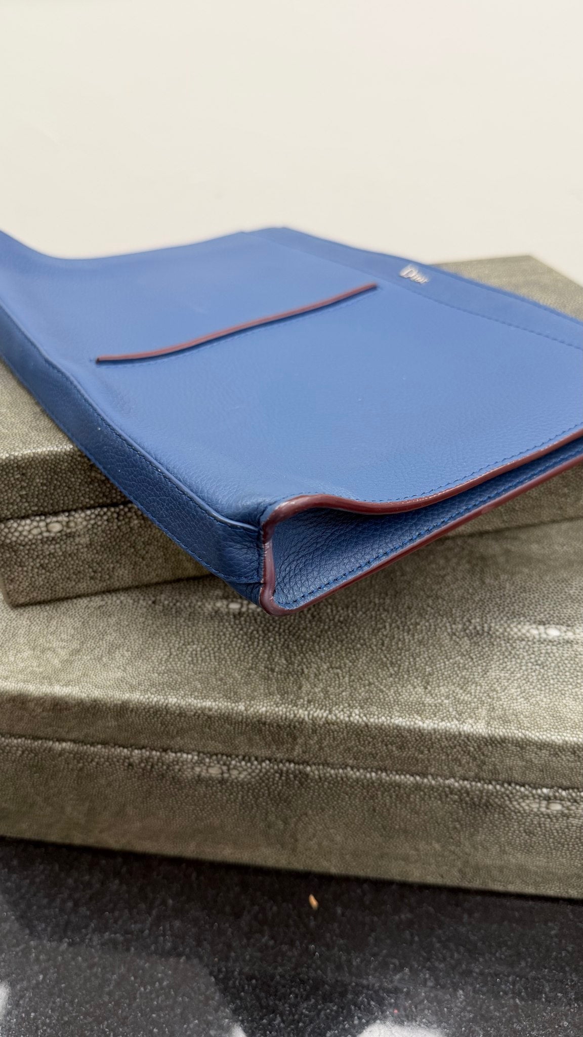 Christian Dior Blue Leather Zip Bee Wristlet